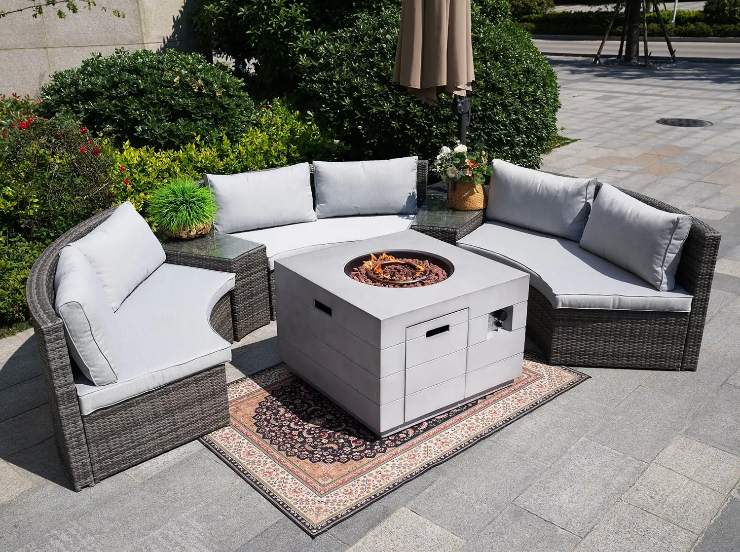 6-Piece Outdoor Halfmoon Shape Patio Wicker Sectional Sofa Set with Fire Pit Table