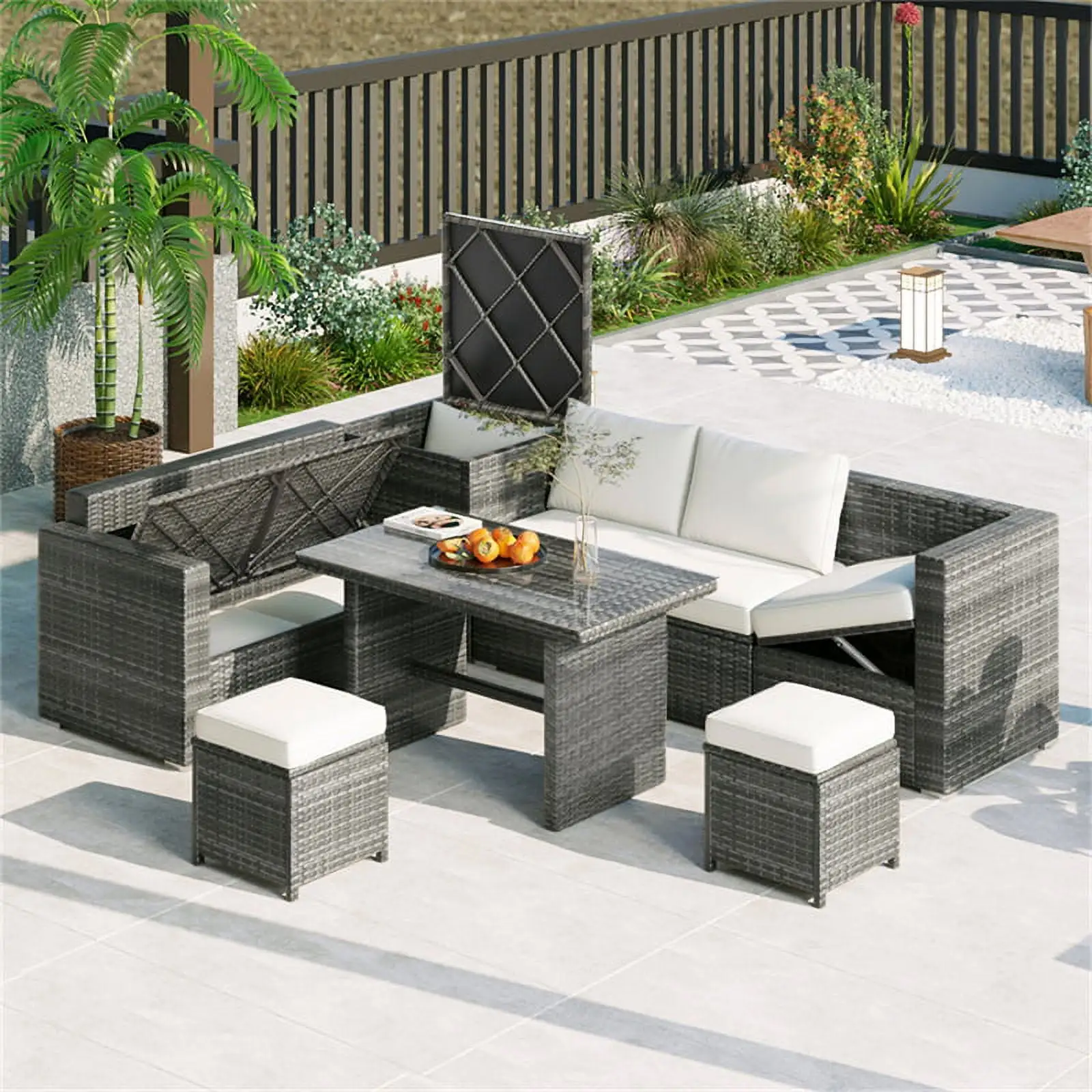 6-Piece Outdoor Rattan Patio Conversation Set. Patio Dining Table Sectional Furniture Set with Adjustable Seat. Storage Box. Removable Covers and Tempered Glass Top Table. Beige