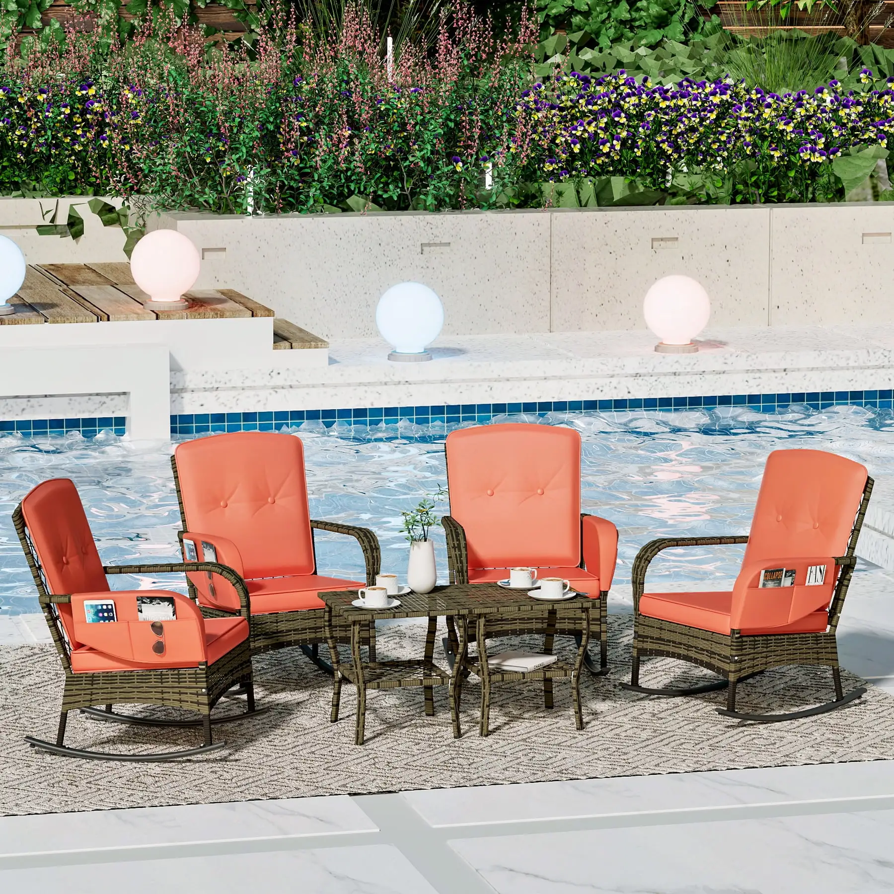 6 Piece Outdoor Rocking Chair.Rattan Patio Conversation Chair. Wicker Bistro Set with Side Table & Cushion. Orange