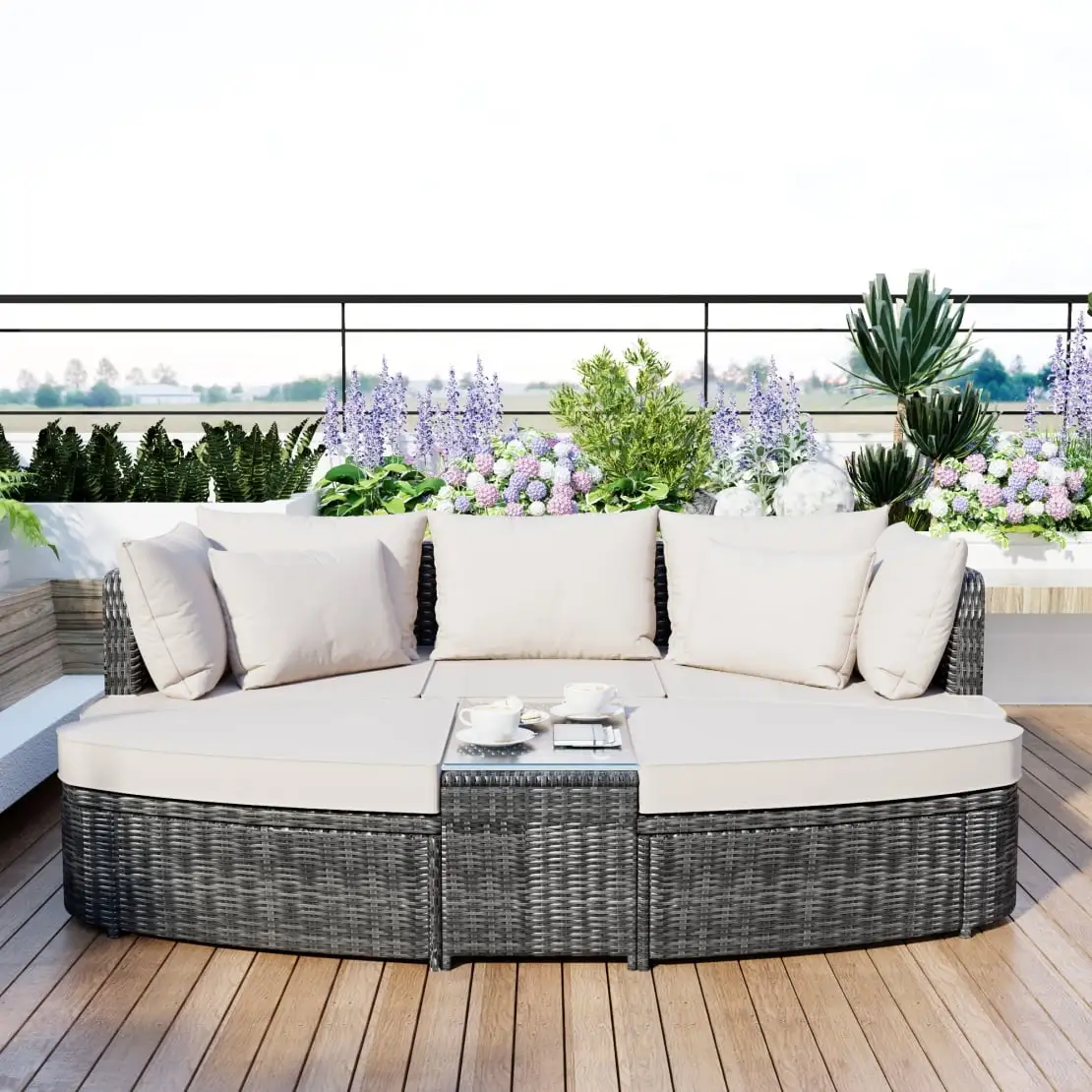 6-Piece Outdoor Round Sofa Set with Coffee Table & Ottoman. PE Wicker Rattan Sectional Sofa Couch with Thick Cushion & Pillow. Patio Conversation Set for Backyard Porch Poolside. Beige