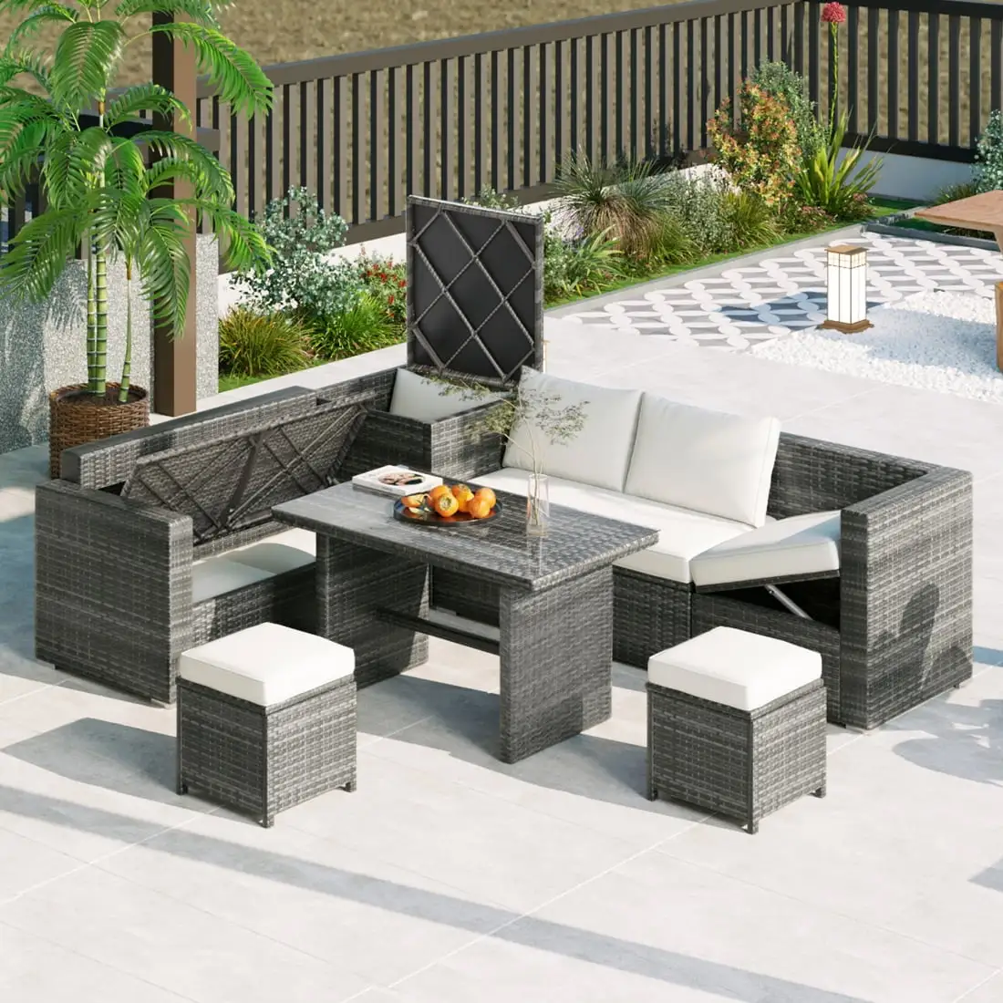 6-Piece Outdoor Sectional Sofa Furniture Set. All Weather PE Rattan Patio Conversation Set. Wicker Patio Dining Furniture with Adjustable Seat. Storage Box. Tempered Glass Top Table. 2 Stools