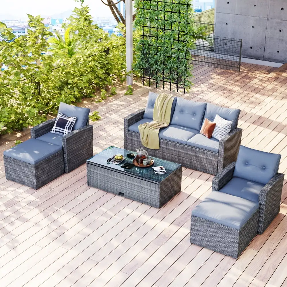 6 Piece Outdoor Wicker PE Rattan Sofa Set. All-Weather Dining Conversation Sectional Set with Coffee Table. Wicker Sofas. Ottomans. Removable Cushions. for Patio Garden Balcony Pool. Gray