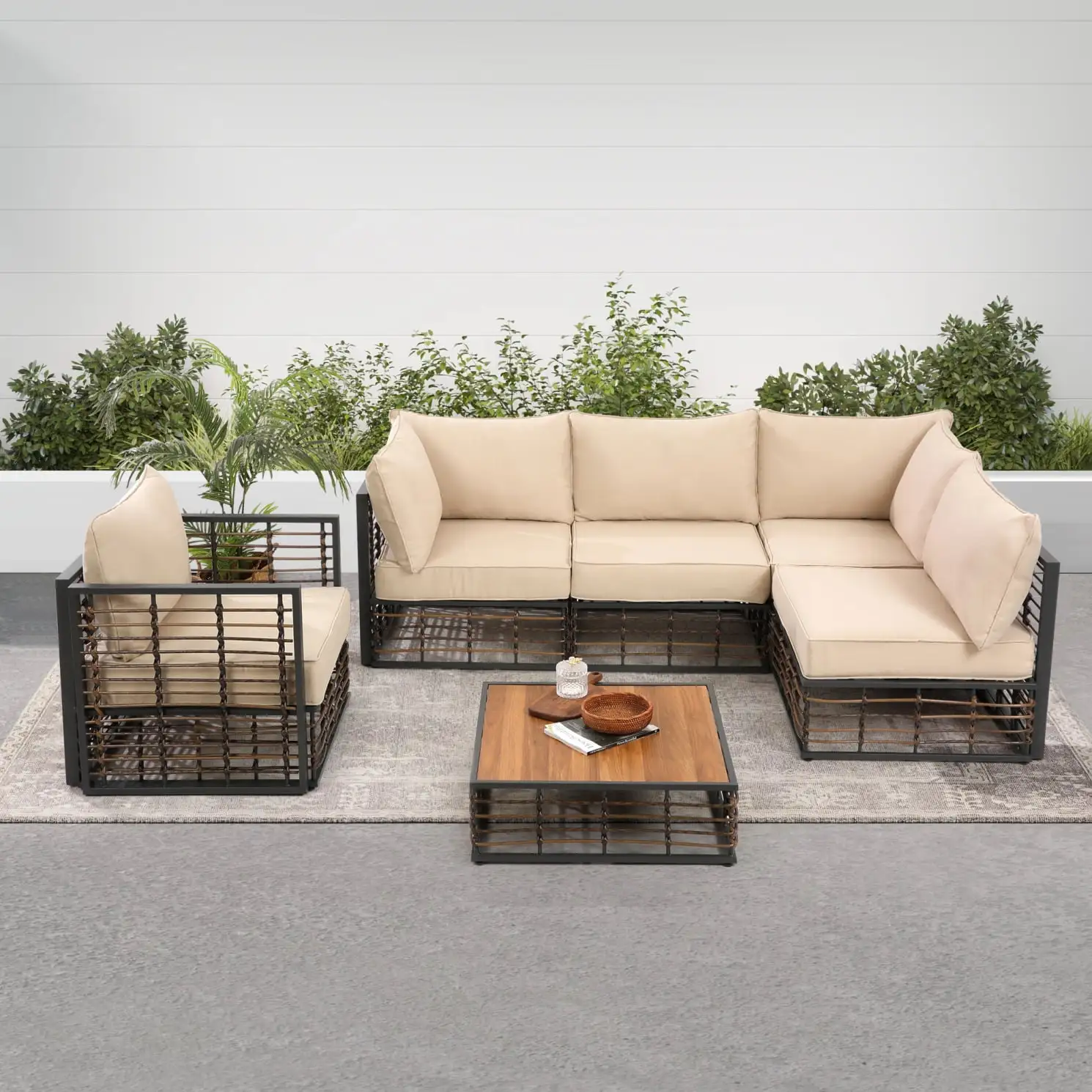 6-Piece Wicker Patio Furniture Set. Free Combination Sectional Sofa Set with Water Resistant Thick Cushions and Coffee Table. All-Weather Metal Frame Conversation Set for Porch Lawn Garden