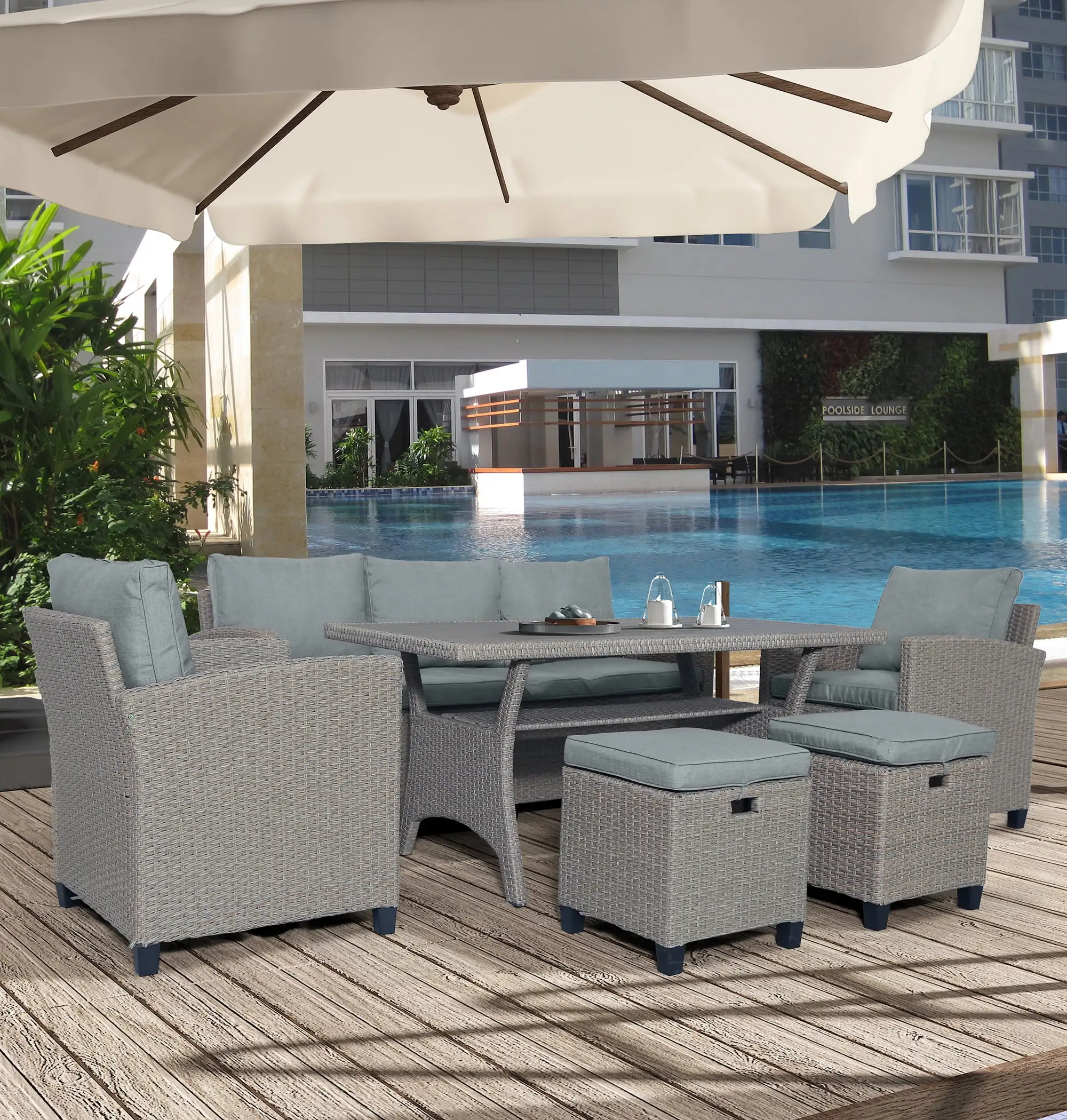 6 Pieces Outdoor Dining Sets. Sectional Sofa Patio Dining Table and Chairs Set. PE Rattan Conversation Set. Gray Wicker Garden Backyard Sectional Sofa