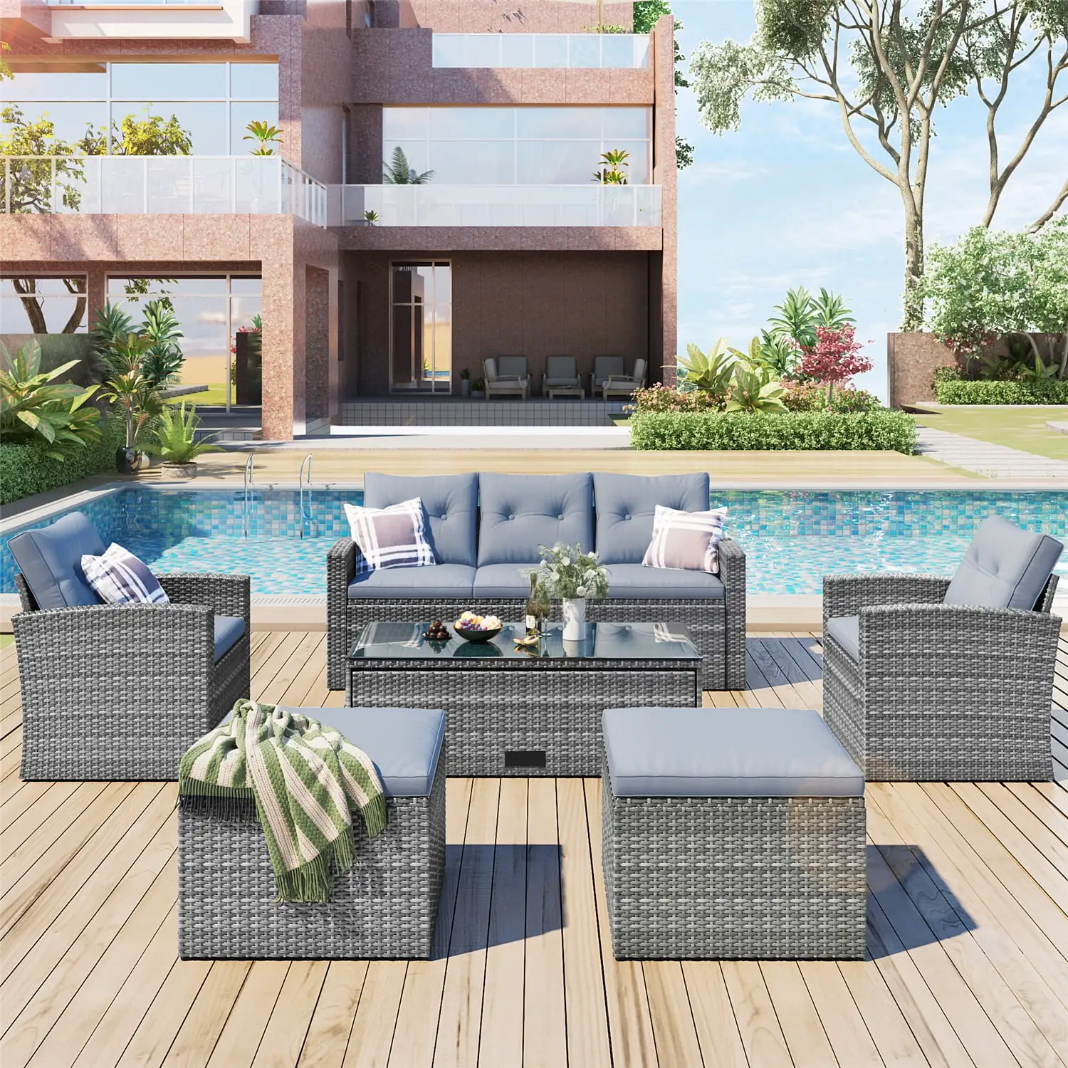 6-Pieces Outdoor Patio Furniture Set. All-Weather Patio Outdoor Dining Conversation Sectional Set with Coffee Table. Wicker Sofas. Ottomans. Removable Cushions (Gray)