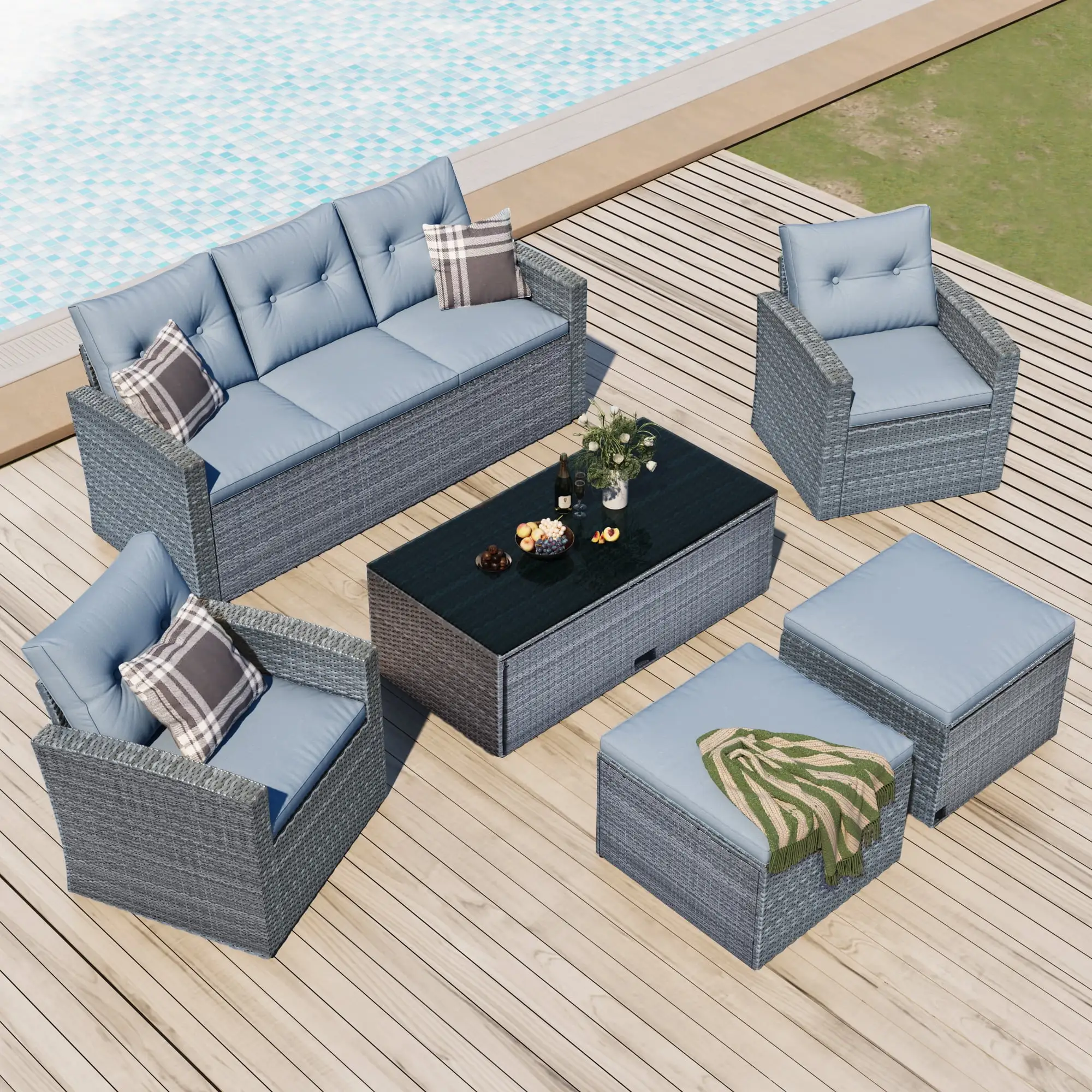 6 Pieces Outdoor Wicker Conversation Set. All-Weather PE Rattan Patio Furniture Set with Dining Table. Ottomans. Removable Cushions for Garden. Poolside. Backyard. Gray