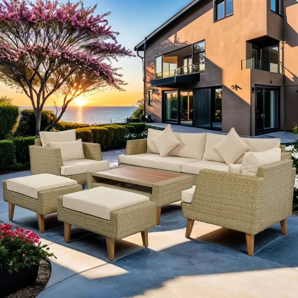 6 Pieces Patio Furniture Set Outdoor Conversation Set. All Weather PE Wicker Rattan Sectional Sofa Couch with Storage Table and Cushions. Brown