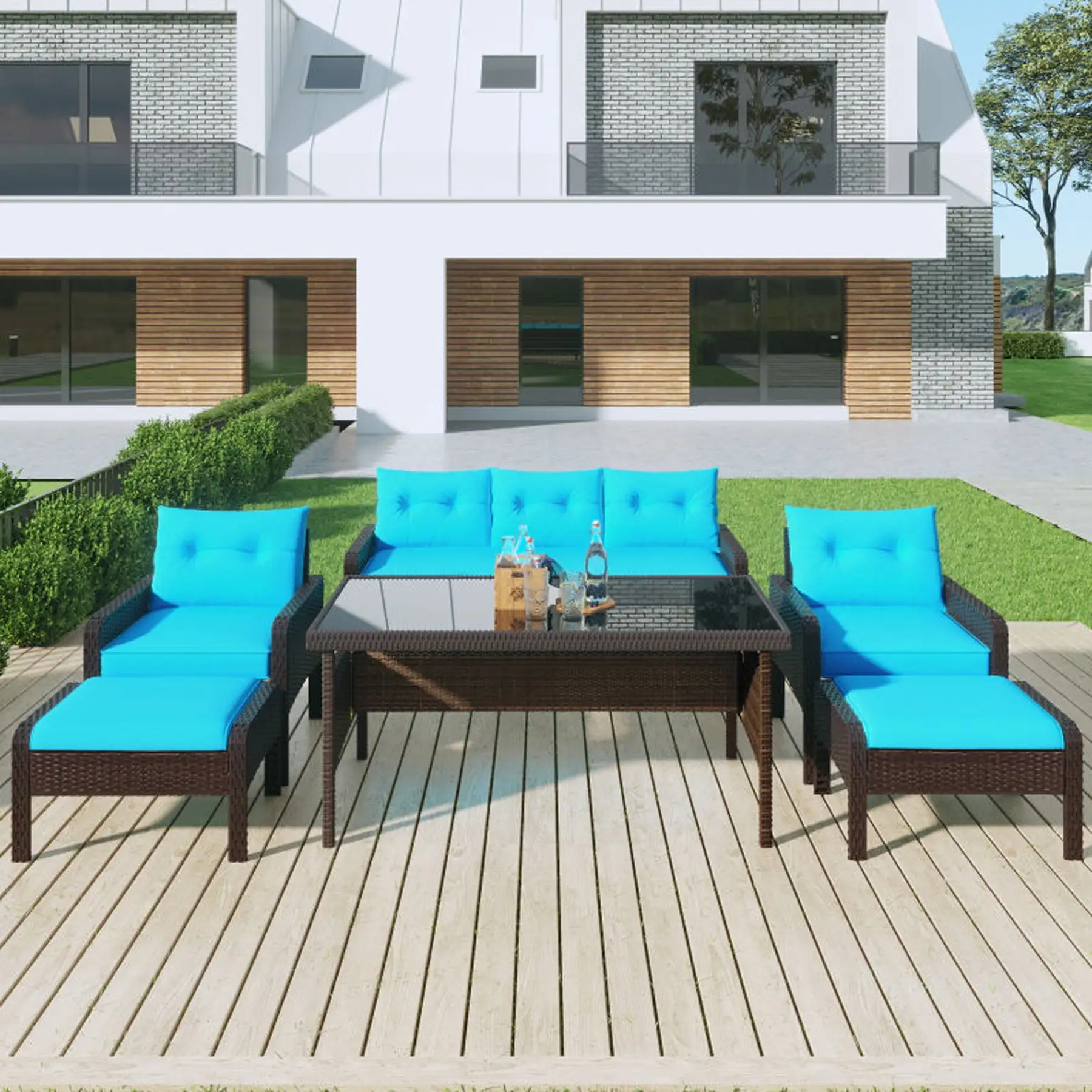 6 Pieces Patio Furniture Sets. Outdoor Lounge Chair Set Conversation Set with Glass Coffee Table. Sofa and Ottoman. Outdoor Table and Chairs for Porch Lawn Garden Backyard. Brown. LJ3711