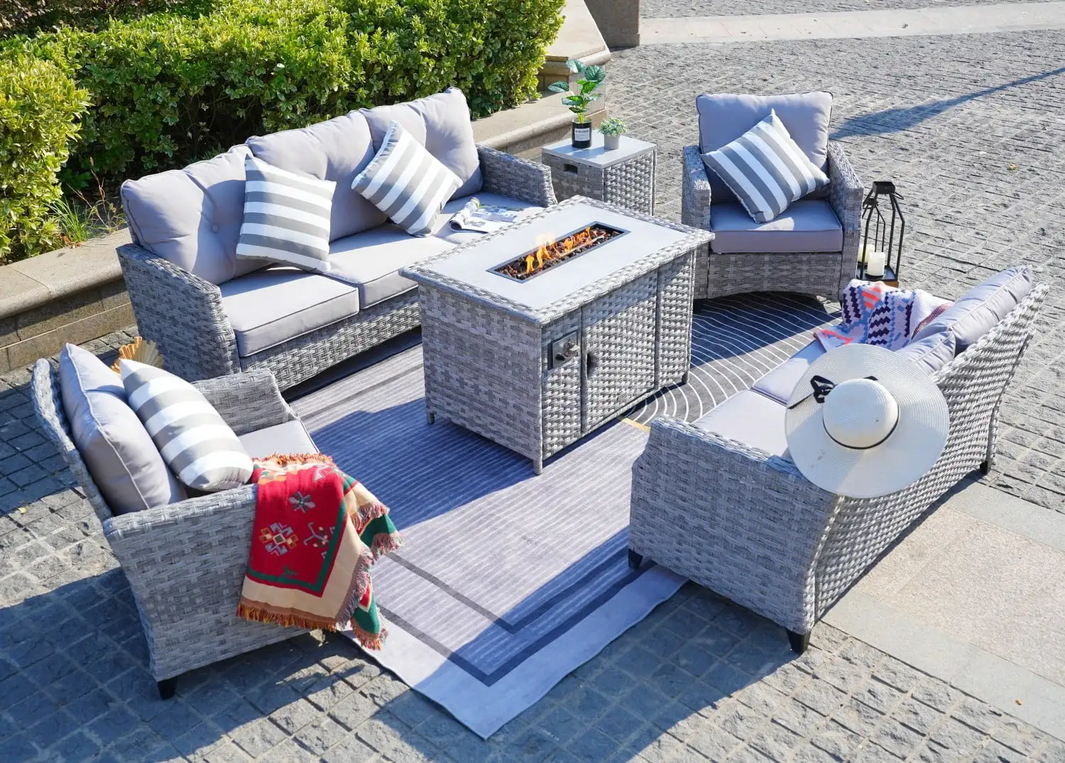 Outdoor Patio Furniture Set with Gas Fire Pit Table. 6-Piece Wicker Sectional Sofa Set. Gray