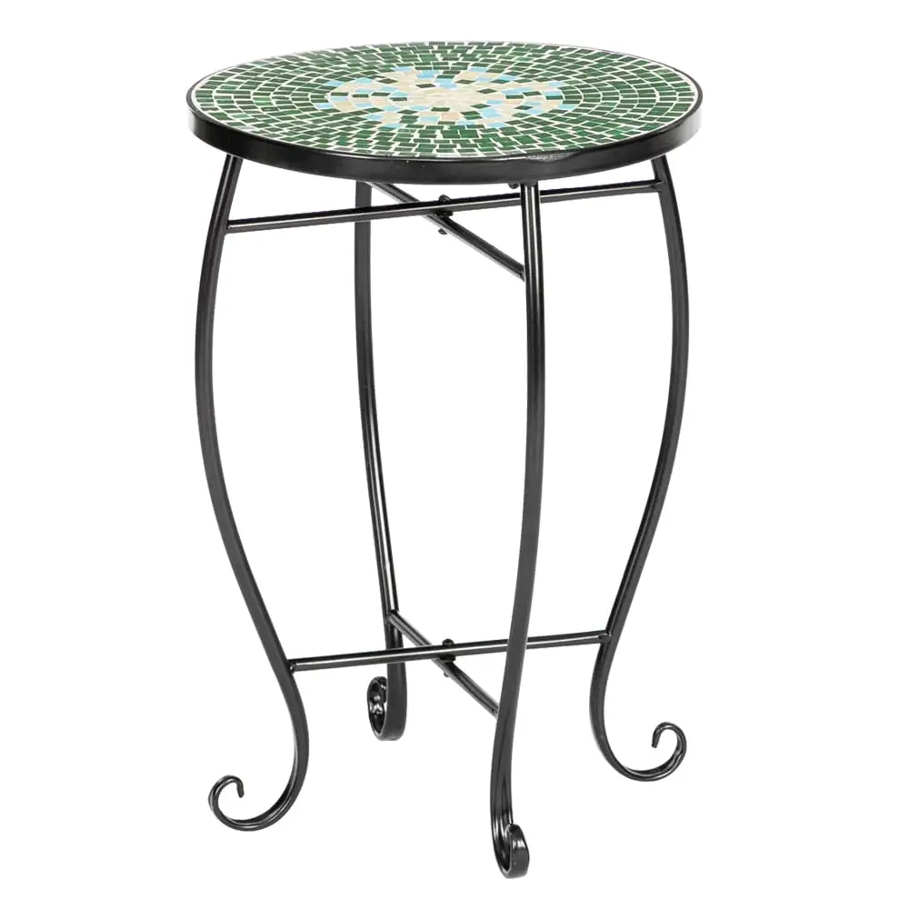 Artisasset Mosaic Round Terrace Bistro Table With Coloured Glass Green Flowers Mosaic