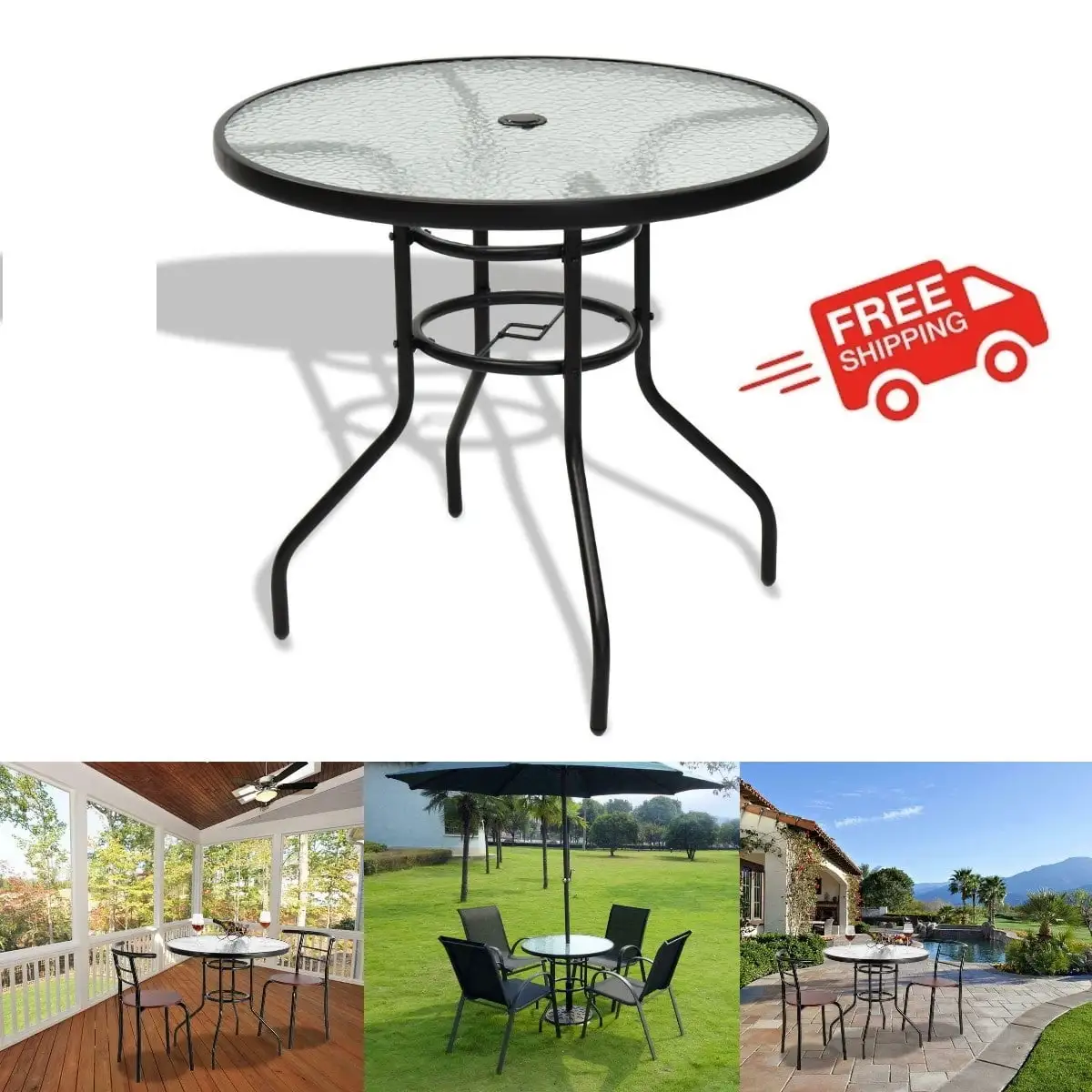 [On Sale] Outdoor Dining Table. 32 Round Patio Bistro Tempered Glass Table Top with Umbrella Hole. Outside Banquet Furniture for Garden Pool Side Deck Lawn(31.5x31.5x28.3.Black)