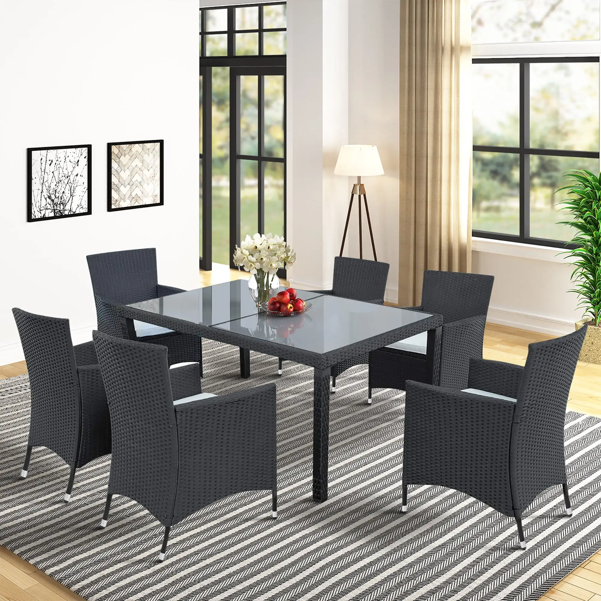 Outdoor PE Rattan Wicker Dining Table Set. Patio Dining Furniture Wicker Rattan Dining Table Set of 7 . Dining Set with 6 Chairs in Beige Cushions. Black