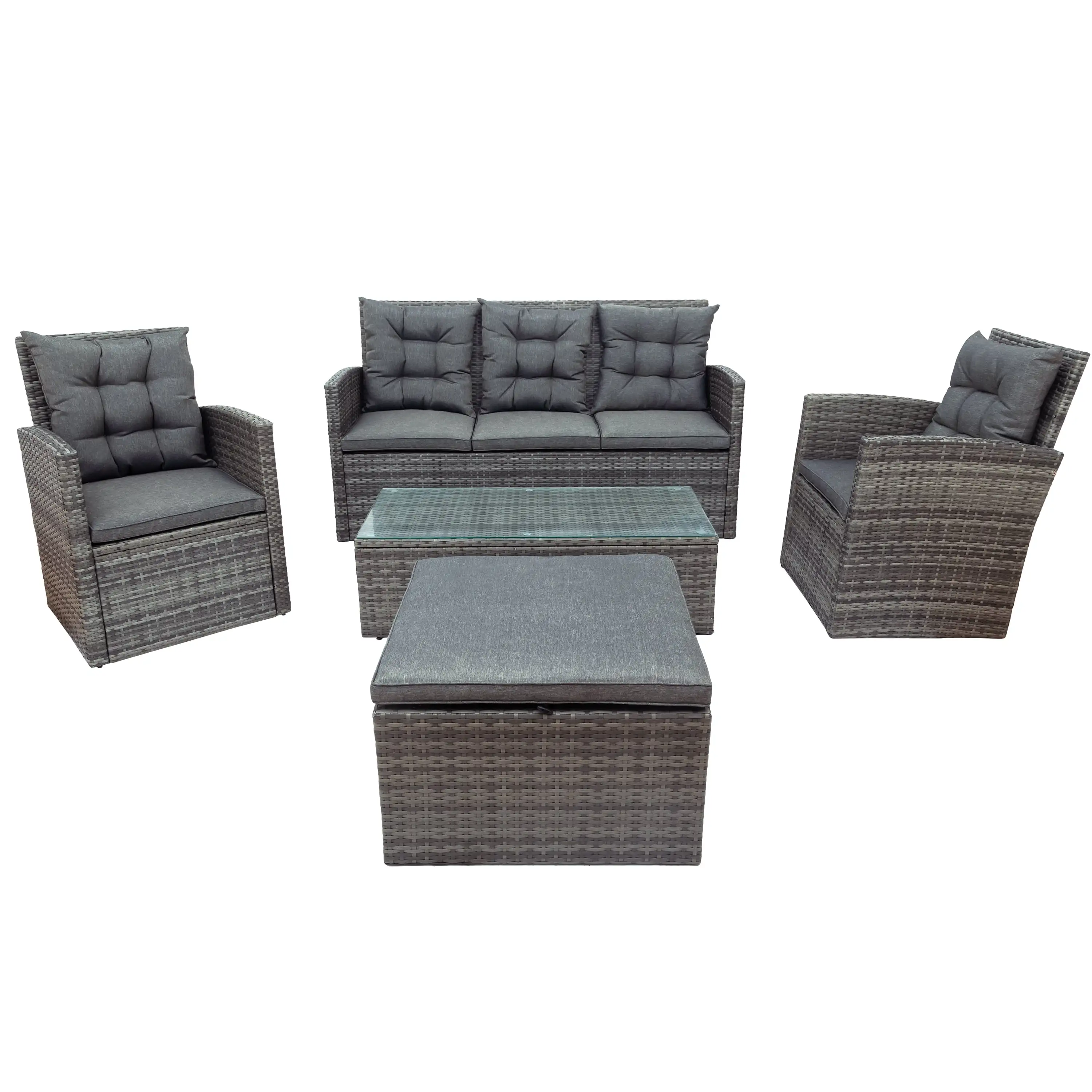 5 Pieces Rattan Patio Furniture Set Multi-Combination. Cushioned Sofa Set with Table Pillows. All Weather PE Wicker Patio Sofa can Storage Cushions. Gray