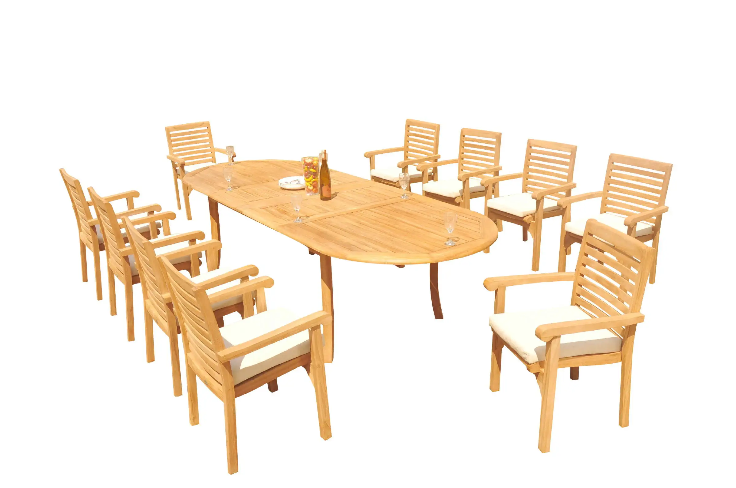 Grade-A Teak Dining Set: 10 Seater 11 Pc: 118 Oval Table And 10 Hari Stacking Arm Chairs Outdoor Patio WholesaleTeak #51HR2611