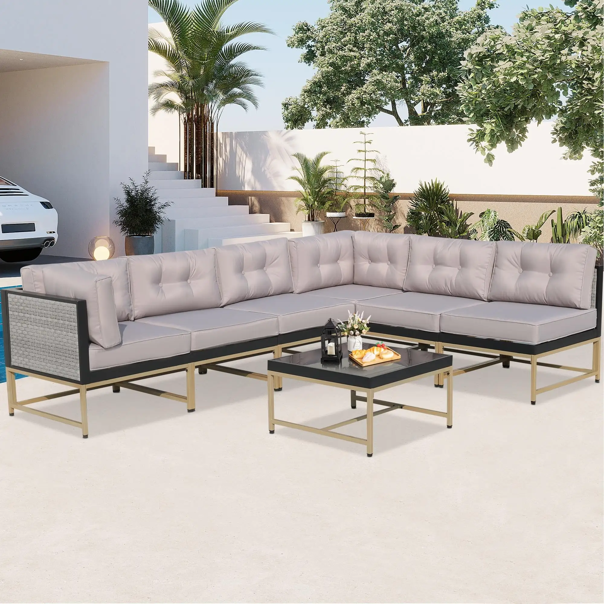 7 PCS Patio Furniture Set. Outdoor Conversation Set. PE Rattan Wicker Sectional Sofa Set. Wicker Couch Set with Cushions & Coffee Table. Sectional Furniture for Patio Lawn Poolside