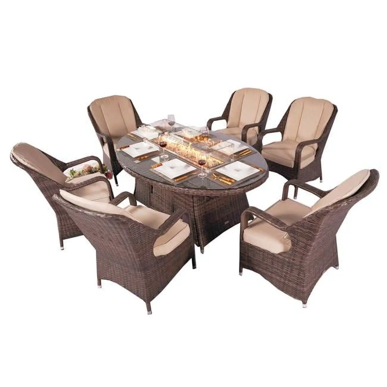 7 Piece 6-Seat PE Rattan Wicker Outdoor Patio and Garden Oval Fire Pit Dining Table Chair Set