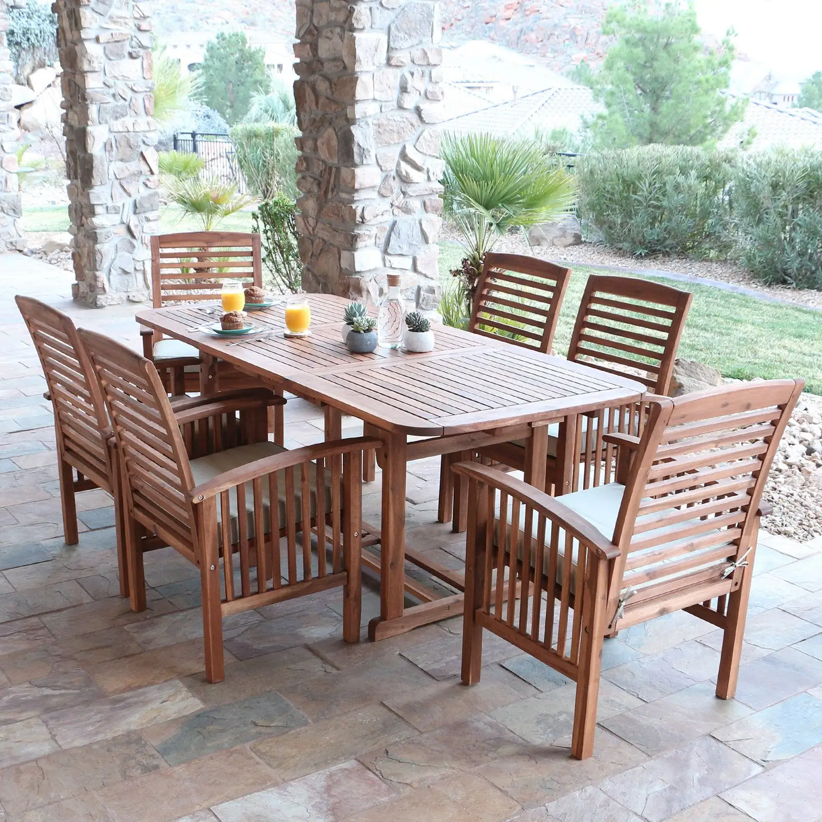 7-Piece Acacia Solid Wood Outdoor Patio Dining Set with Cushions - Brown