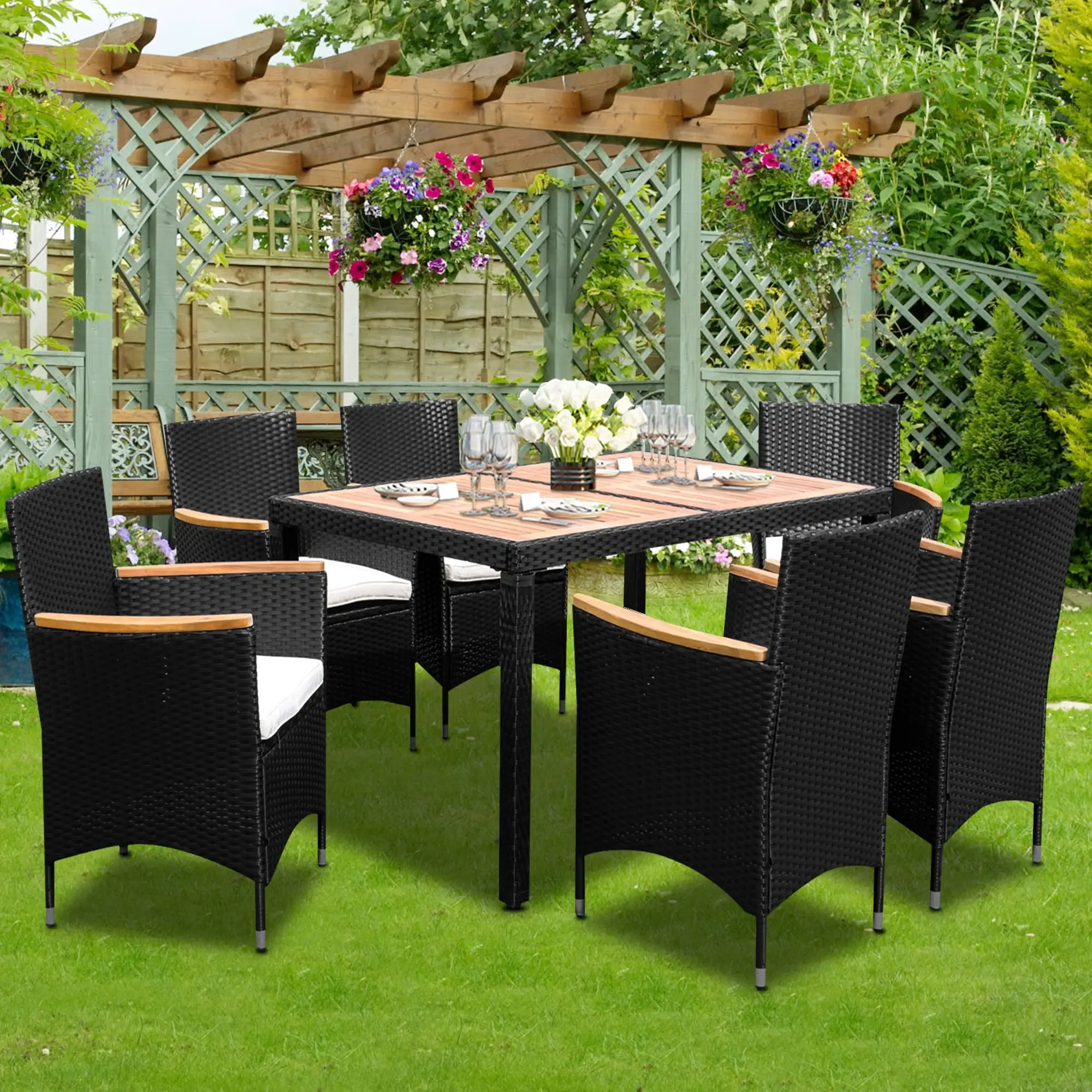 7 Piece Outdoor Dining Table Set. Sesslife Black Rattan Patio Furniture Dining Table with 6 Chairs. Lawn Garden Balcony Sectional Conversation Set