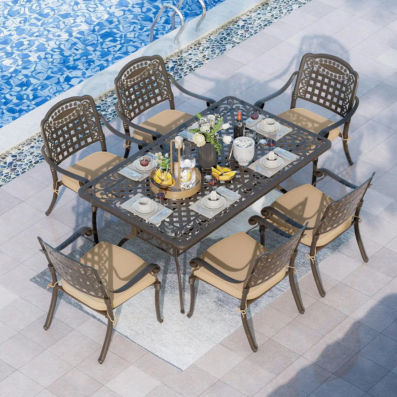 7-Piece Outdoor Furniture Dining Set. Cast Aluminum Patio Conversation Set with Table. 6 Chairs and Khaki Cushions