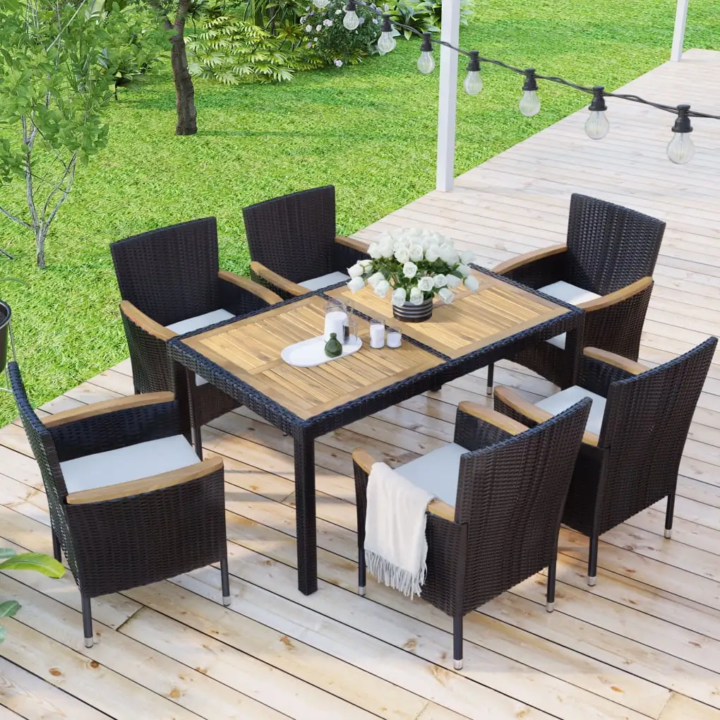 7 Piece Outdoor Patio Dining Black Wicker PE Rattan Conversation Sets with 1 Wood Table and 6 Stackable Armrest Chairs with Cushions for Garden Backyard Poolside. Brown