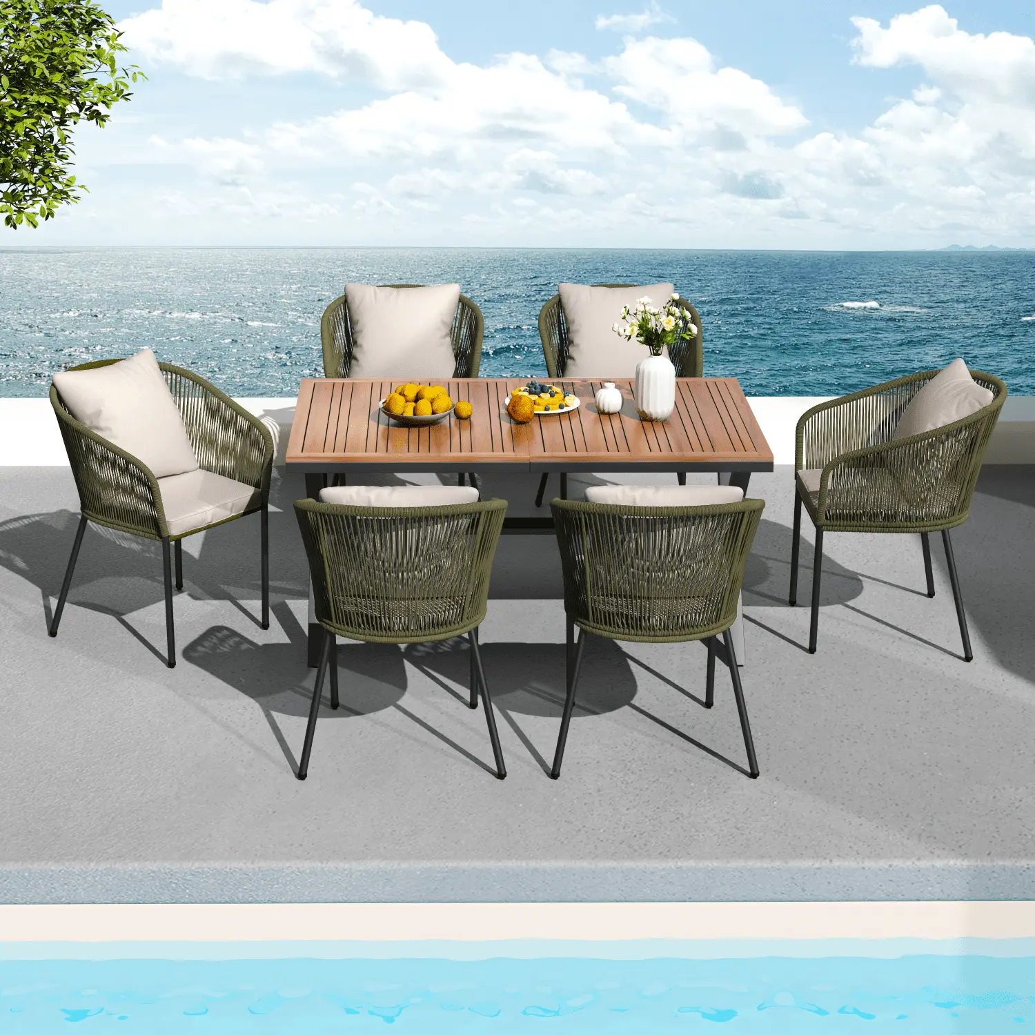 7 Piece Outdoor Patio Dining Set Acacia Wood Garden Table with Umbrella Hole and Rope Metal Frame Chairs. Green