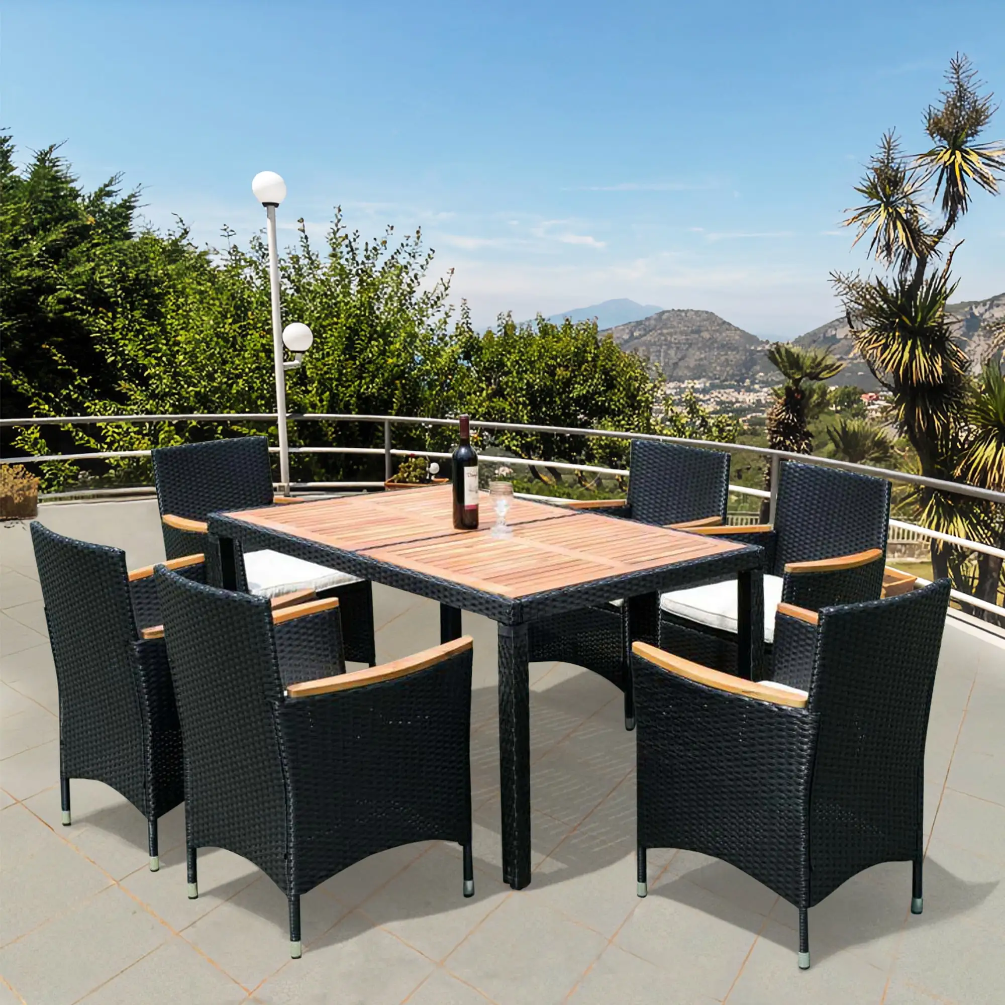 7 Piece Outdoor Patio Dining Set Outdoor Wicker Dining Furniture Set with Brown Rattan Dining Table and Chairs. Beige Cushions