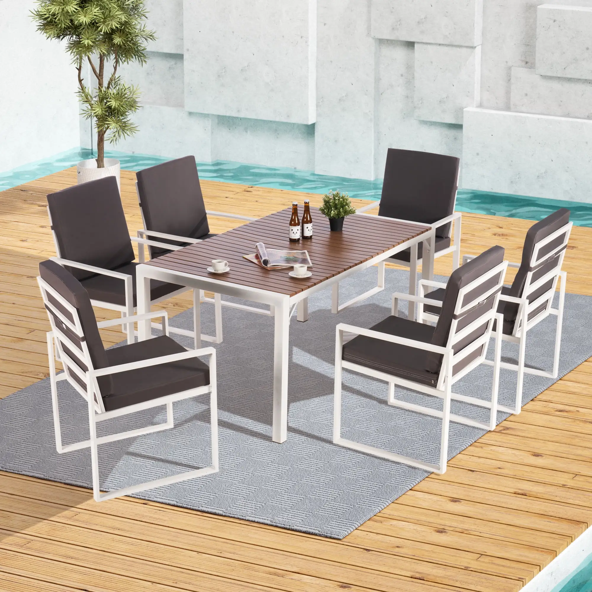 7 Piece Outdoor Patio Furniture Set. 6 Rattan Patio Chairs with Glass Table. All-Weather Rectangle Patio Sofa Wicker Set with Cushions for Backyard. Porch. Garden. Pool