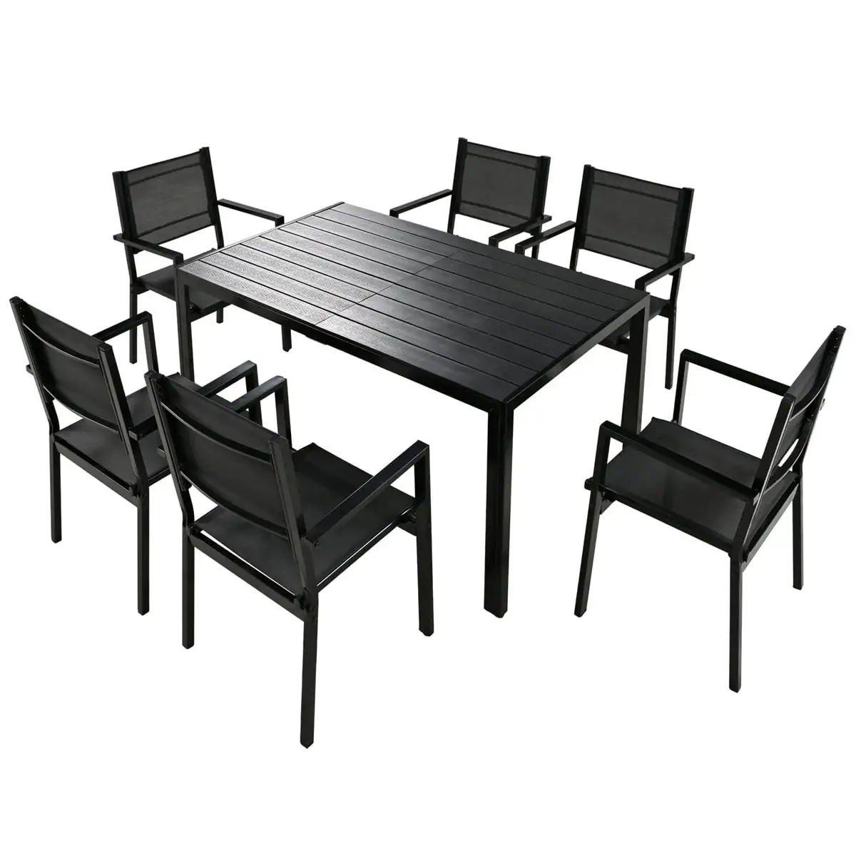 7 Piece Outdoor Stainless Steel Dining Table Set. 58.30 Rectangular Steel Dining Table with 6 Steel Chairs. Minimalist-style Outdoor Conversation Set for Patio/Balcony/Backyard