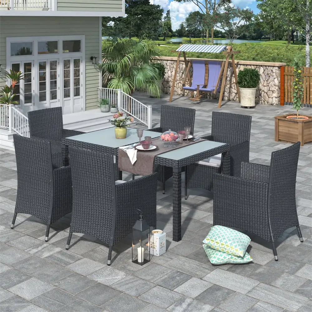 7 Piece Outdoor Wicker Sectional Dining Set. Outdoor Furniture Set with Stackable Armrest Chairs & Beige Cushions. Patio Dining Set for 6. Black Rattan