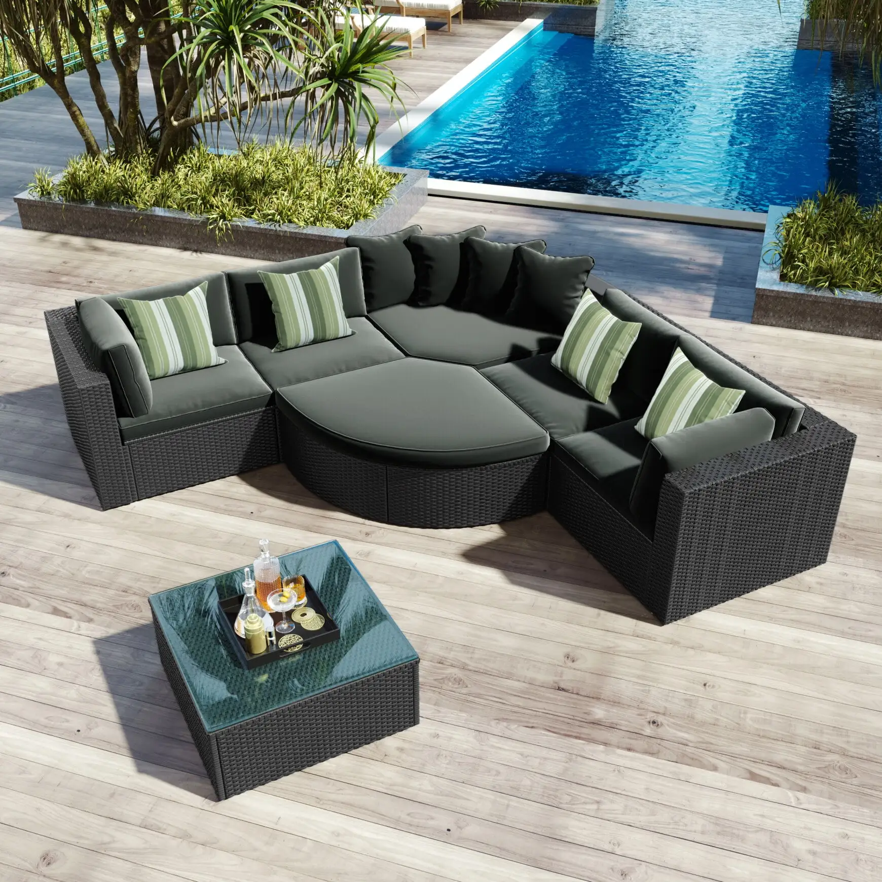 7-Piece Patio Curved Sofa Set with Fan-Shaped Sofa Lounger. Rattan Wicker Patio Conversation Set with Glass Side Table and Pillows. Patio Furniture Set for Pool. Garden. Deck. Gray