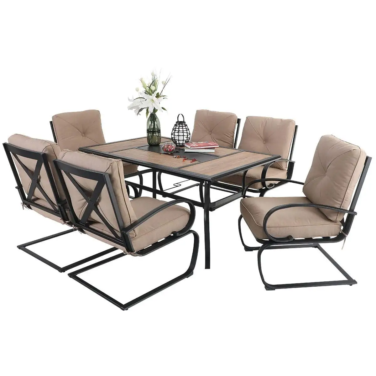 7-Piece Patio Dining Set 6 Piece Cushioned Spring Motion Dining Chair with Armrest & 1 Patio Dining Table Beige 7-Piece Sets