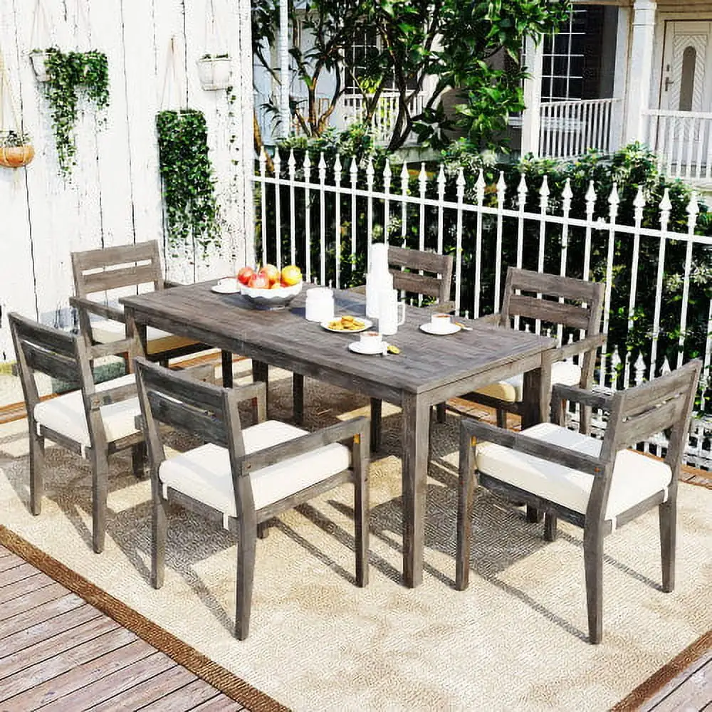 7-Piece Patio Dining Set. Acacia Wood Outdoor Dining Table Set of 6. Rectangular Table and 6 Stackable Dining Chairs with Soft Cushions. Patio Furniture Set for Garden Poolside Backyard