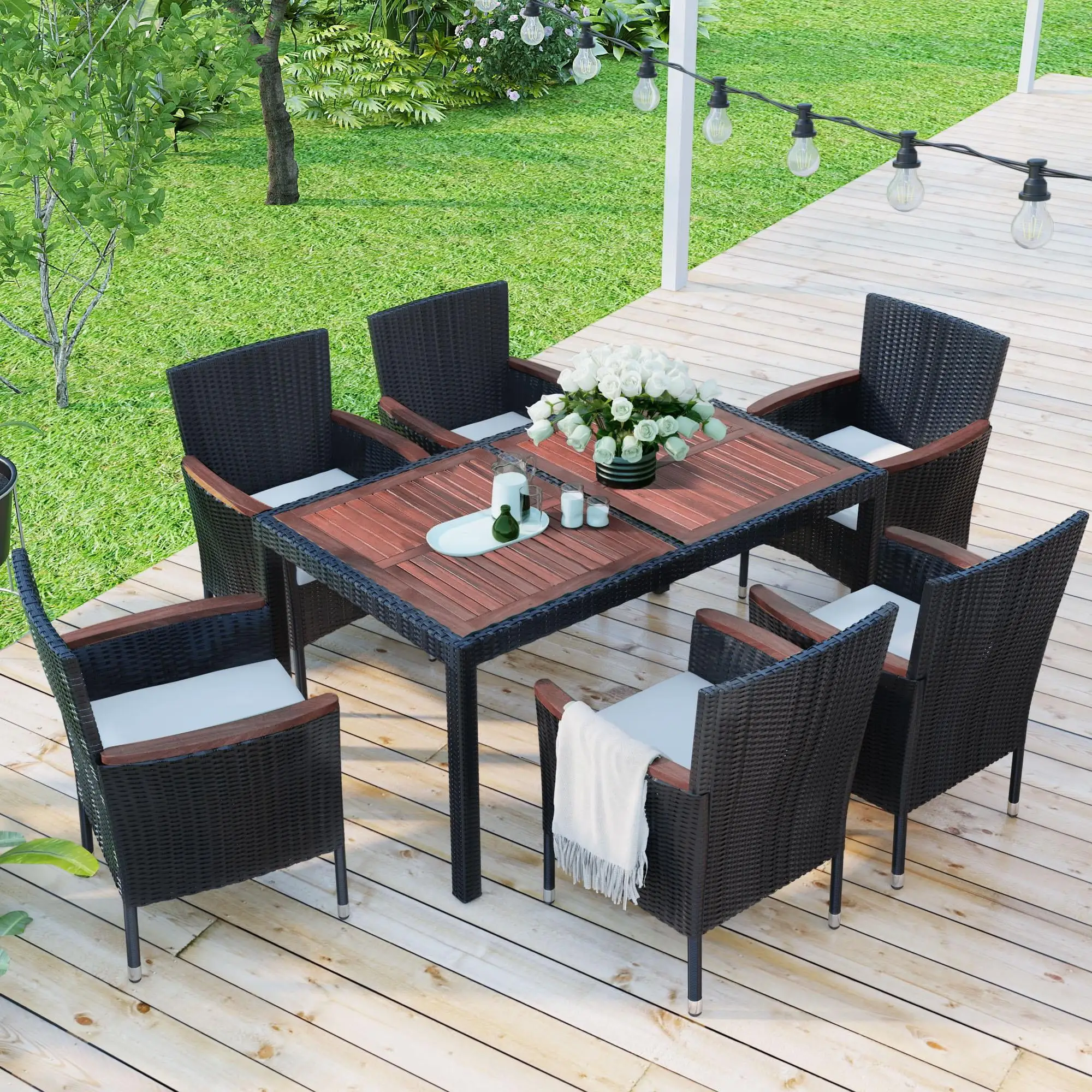 7 Piece Patio Rattan Dining Set. Outdoor Space Saving Rattan Chairs with Table. All-Weather Wicker Dining Table & Chairs Set. Cushioned Dining Chairs Set for Balcony Patio Poolside