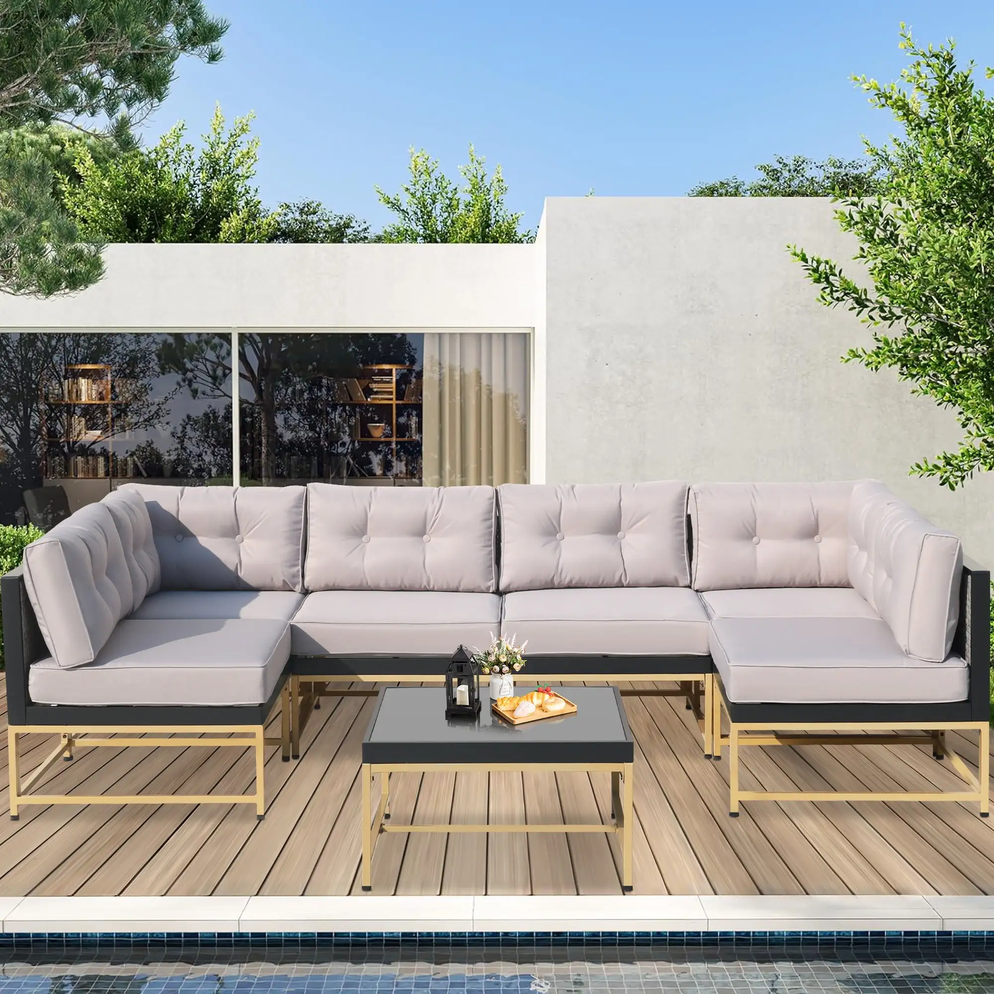 7 Piece Rattan Sectional Sofa Set. Outdoor Conversation Set. All-Weather Wicker Sectional Seating Group with Cushions & Table. Morden Furniture Couch Set for Patio Deck Garden Pool