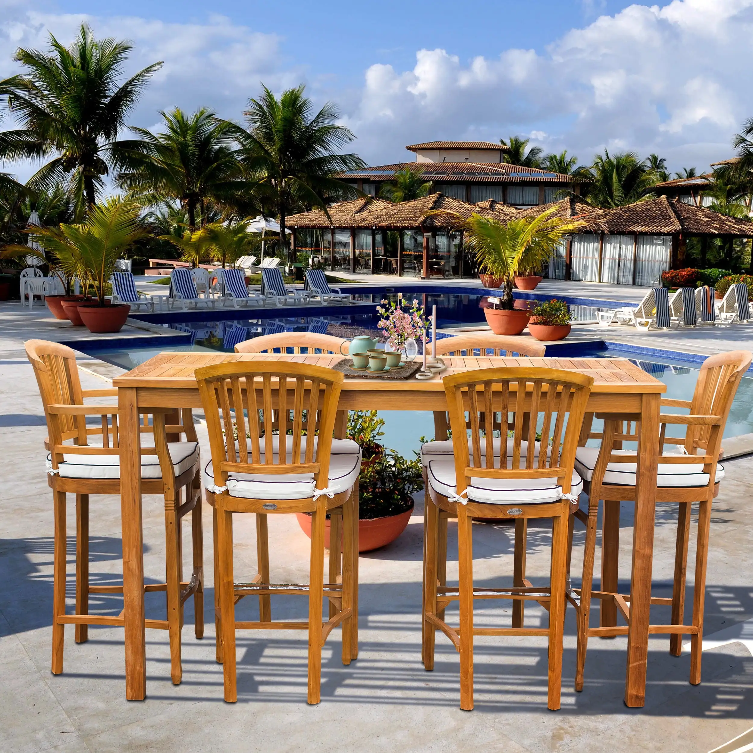 7 Piece Teak Wood Orleans Patio Bistro Bar Set. 63 Bar Table. 2 Bar Chairs w/ Arms & 4 Armless Bar Chairs