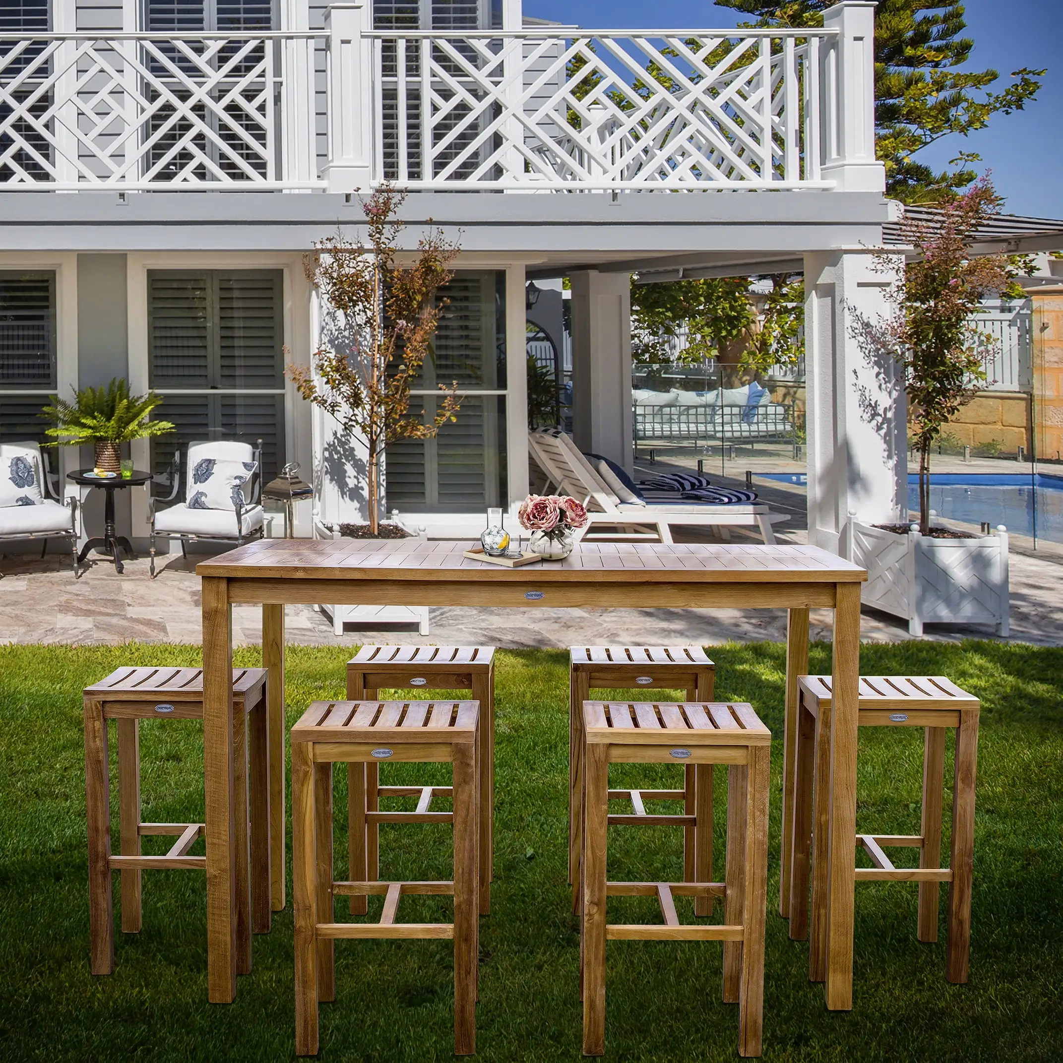 7 Piece Teak Wood Santa Monica Patio Bistro Bar Set. 63 Bar Table and 6 Barstools