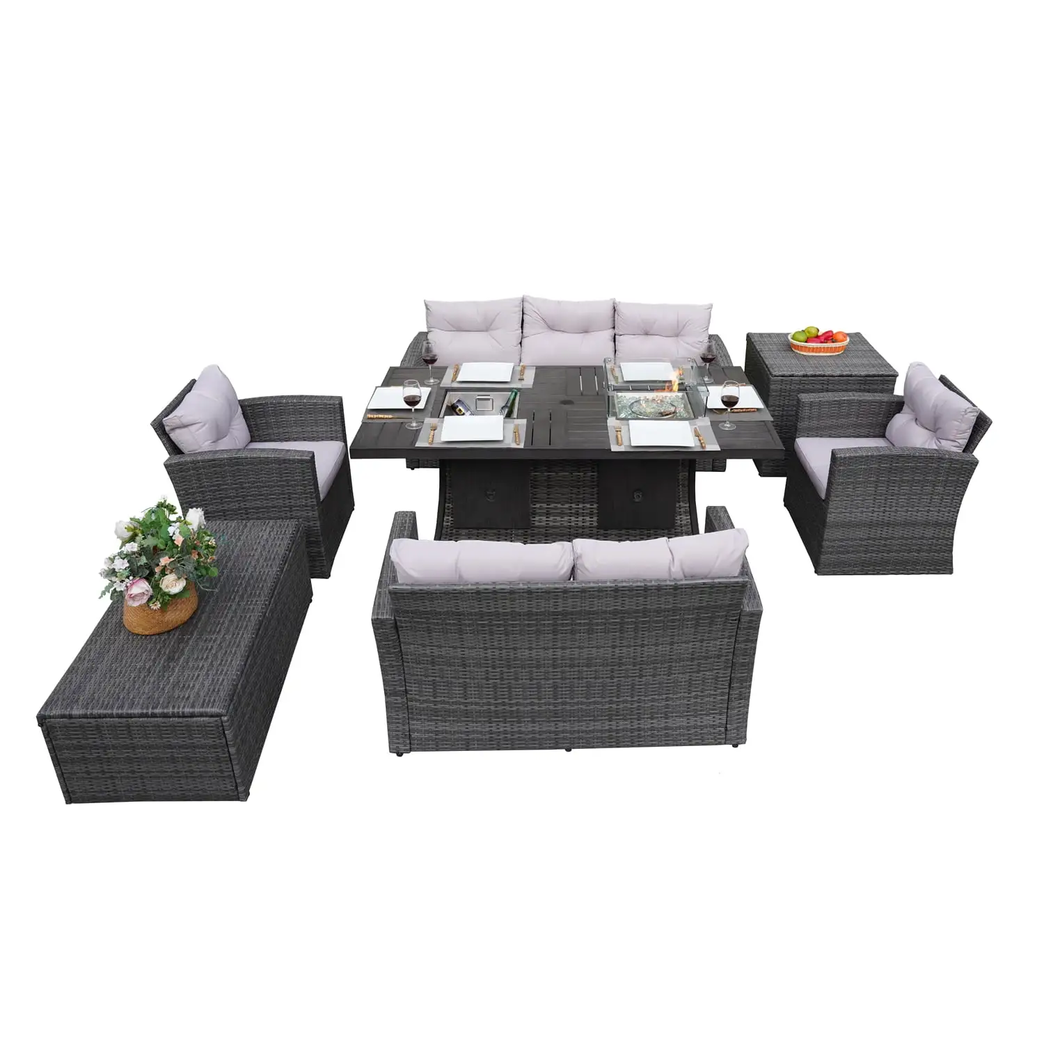 7-Piece Wicker Patio Fire Pit Conversation Set with Ice Container and Gray Cushions