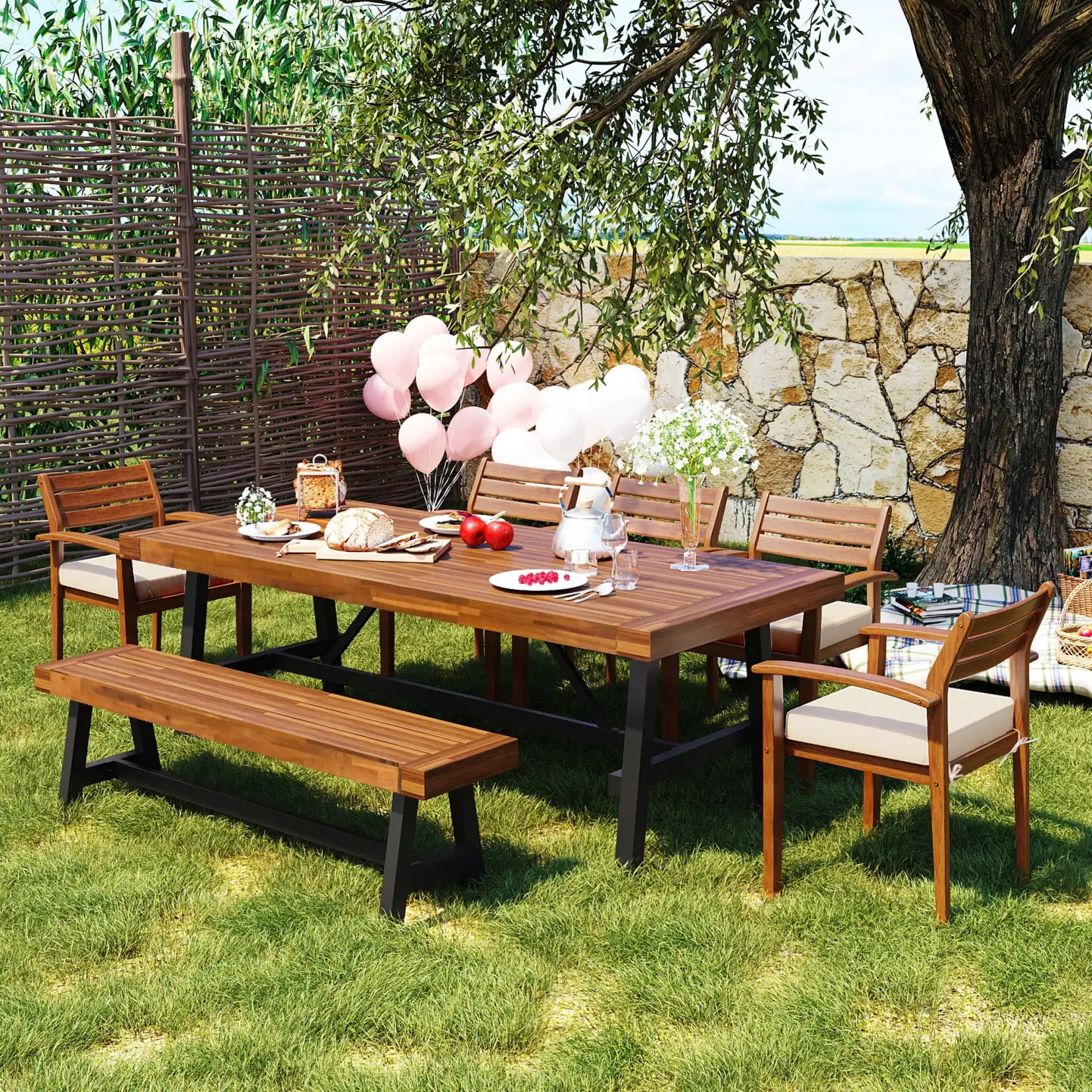 7 Pieces Outdoor Dining Furniture Set. Modern Multi-Functional Wood Outdoor Dining Furniture with Cushions. Chairs. Bench. Table. Conversation Set for Patio. Backyard. Poolside. Garden. Wood