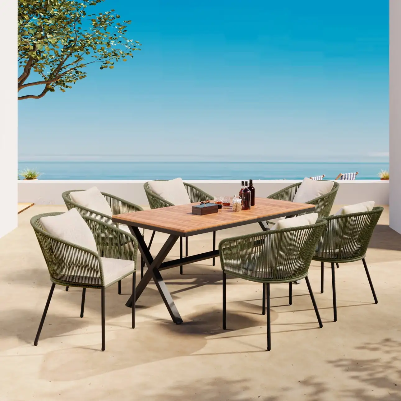 7 Pieces Patio Dining Set. 59 All-Weather Outdoor Table and Chairs. with Wood Tabletop. Metal Frame. Ergonomic Outdoor Modern Dining Set for Garden. Backyard. Balcony. Dining Table Set for 6