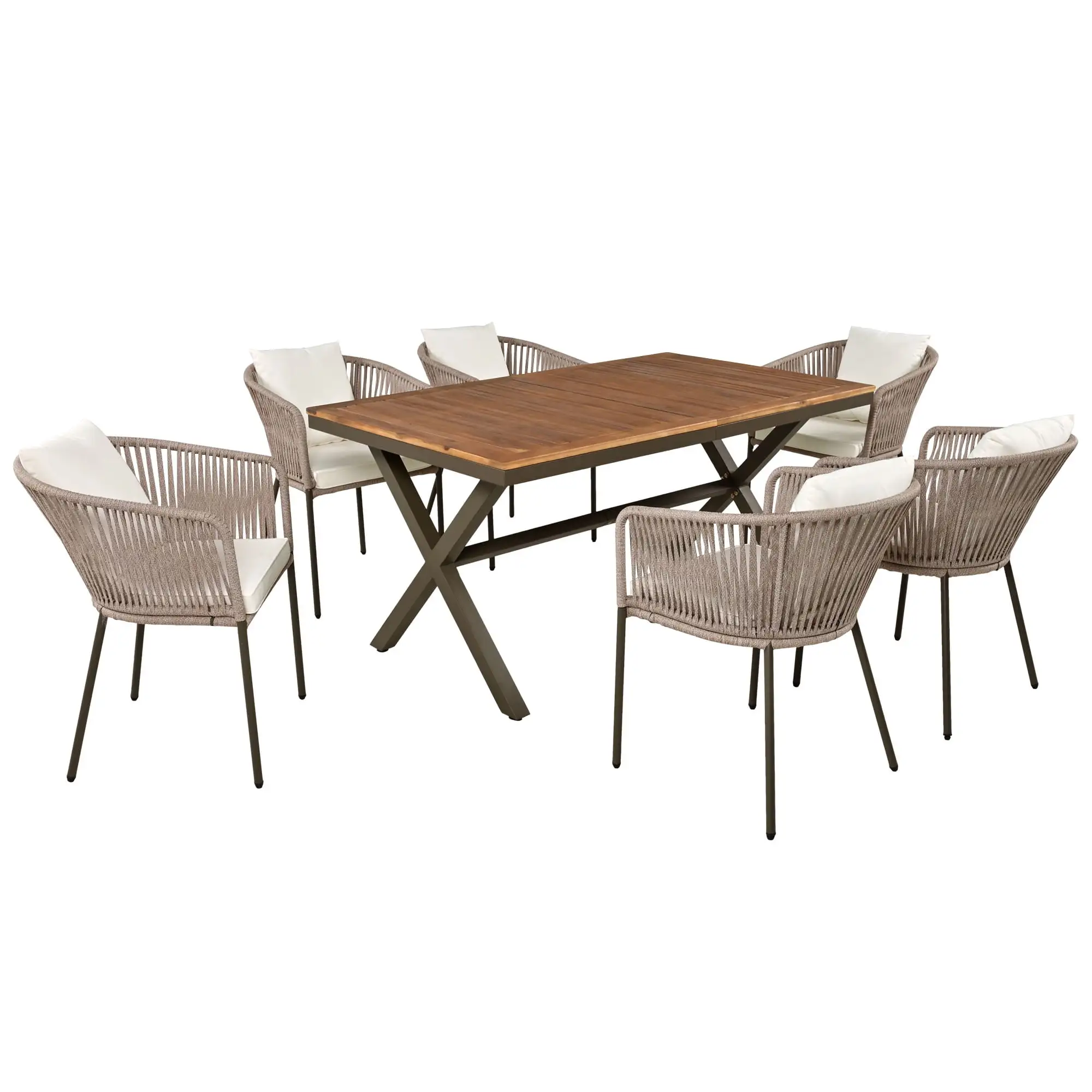 7 Pieces Patio Dining Set. All-Weather Outdoor Furniture Set With Dining Table And Chairs. Acacia Wood Tabletop. Metal Frame. For For Garden. Backyard. Balcony. Beige