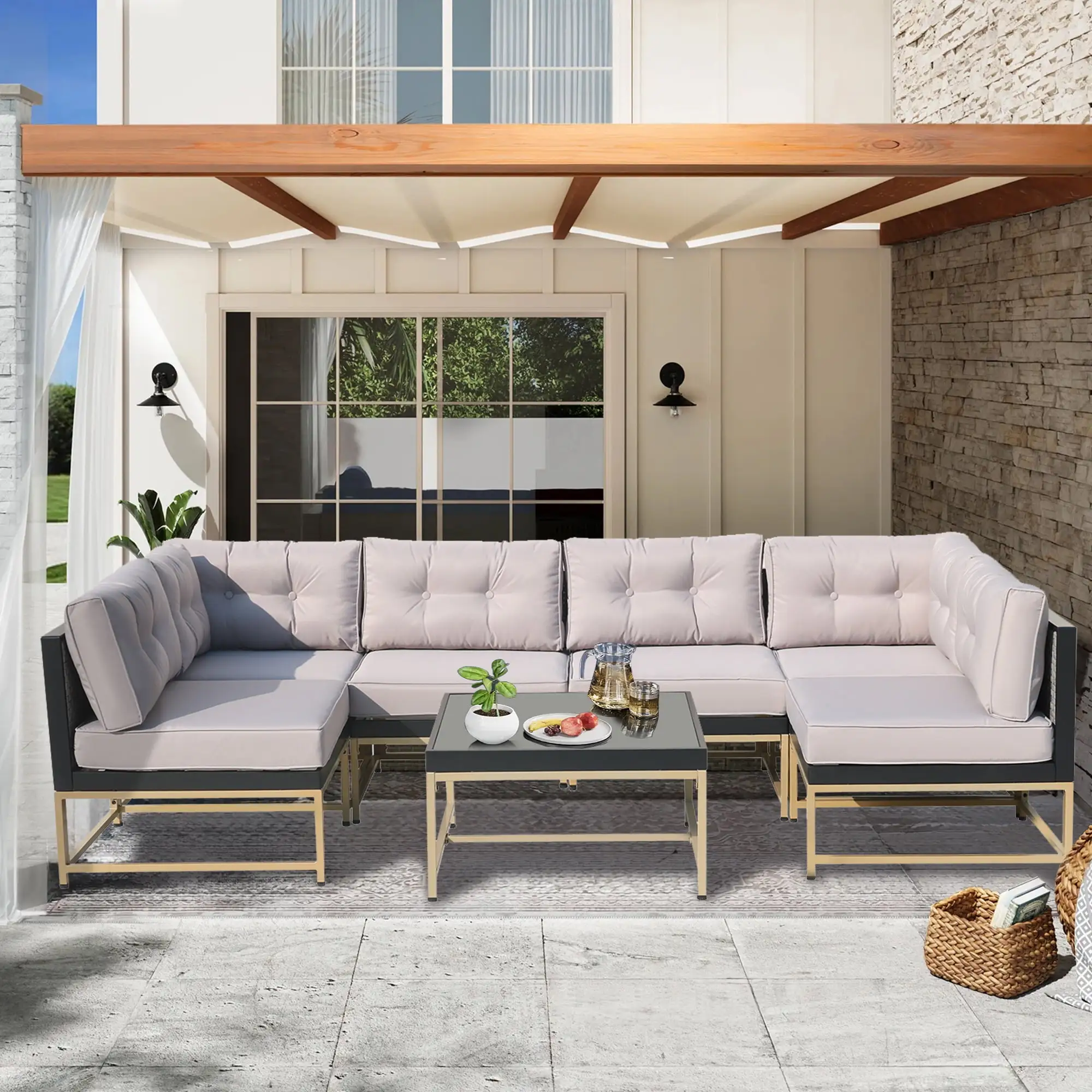 7 Pieces Patio Funiture Set. Outdoor Furniture Sectional Sofa Set.Manual Wicker Rattan Patio Conversation Set Heavy-duty Frame. with Cushions and Table. Gray