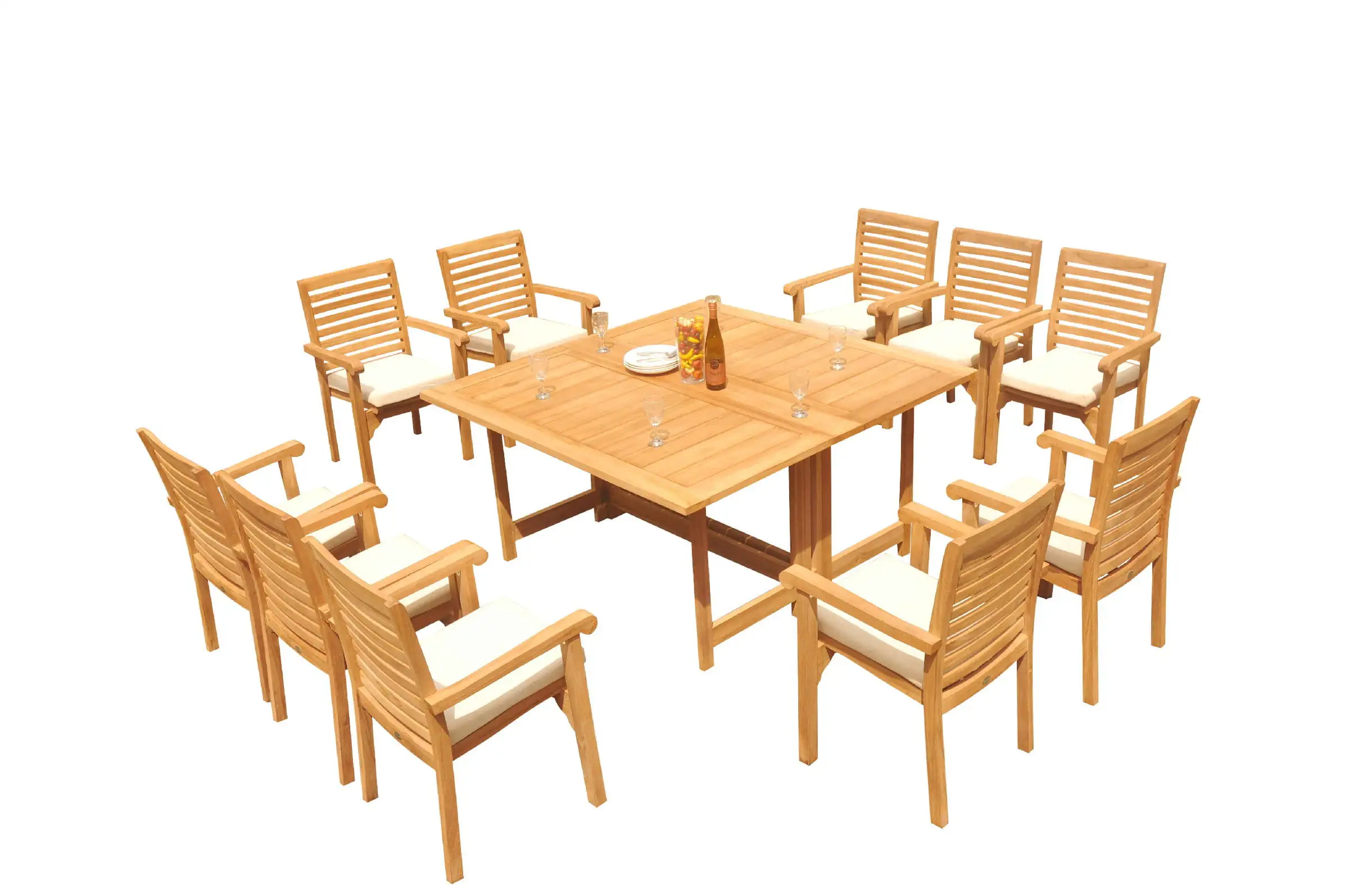 Grade-A Teak Dining Set: 10 Seater 11 Pc: 60 Square Rectangle Butterfly Table And 10 Hari Stacking Arm Chairs Outdoor Patio WholesaleTeak #51HR1411