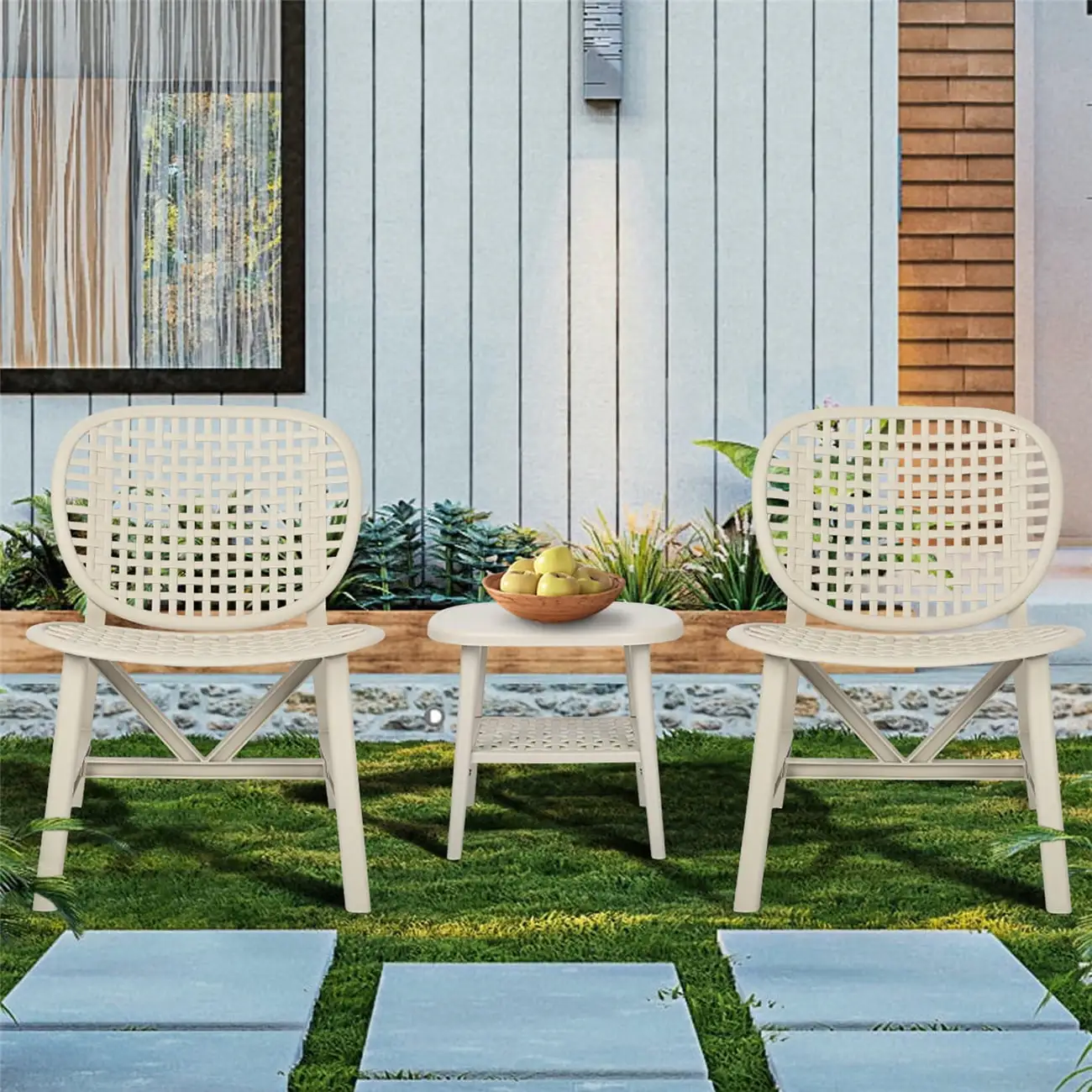 3 Pieces Patio Table Chair Set. Hollow Design All Weather Conversation Bistro Set. Retro Outdoor Table with Open Shelf and Lounge Chairs with Widened Seat for Balcony Garden Yard. White