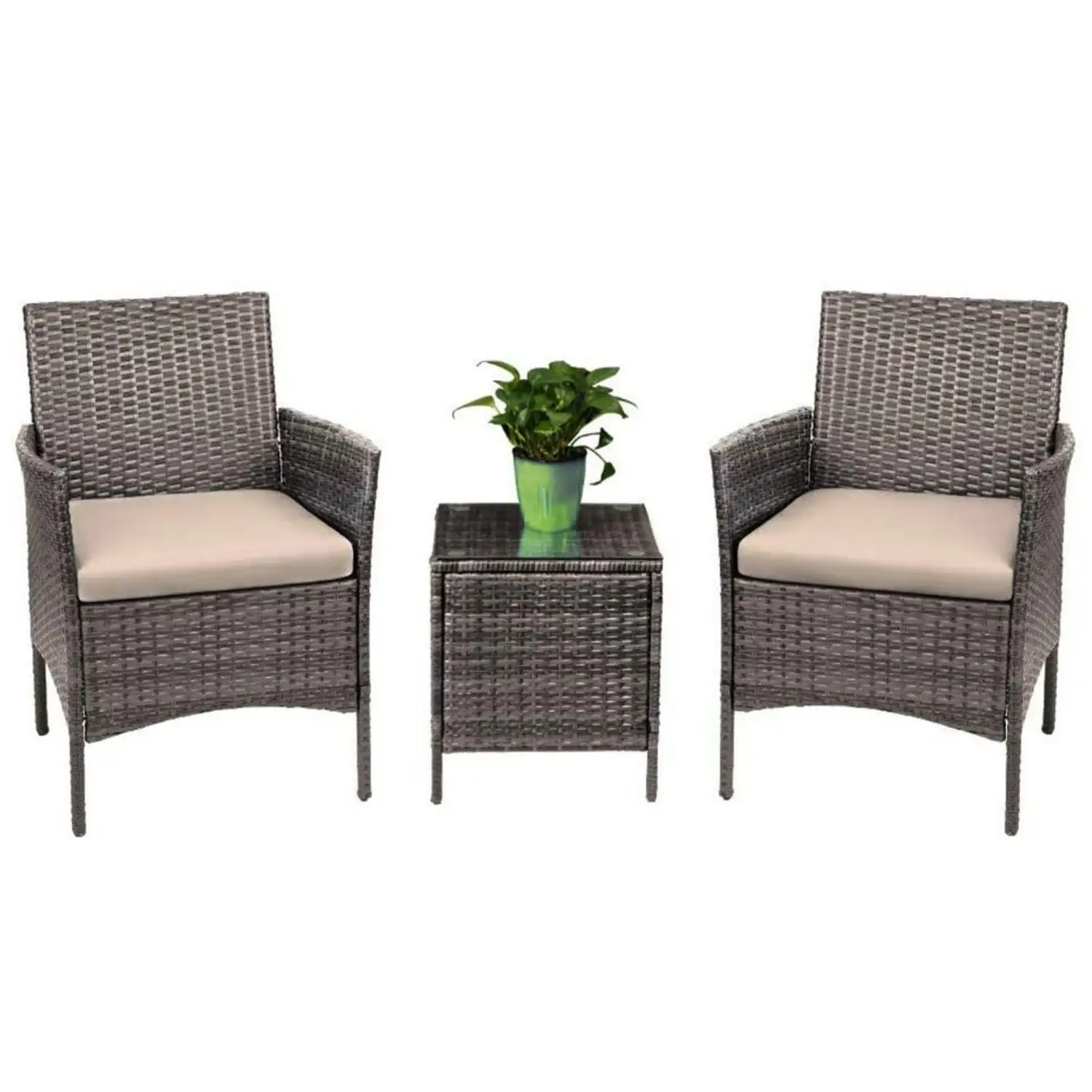 Zeno 3 Piece Rattan Bistro Patio Furniture Set - 2 Relaxing Cushion Chairs With a Cafe Table - Beige