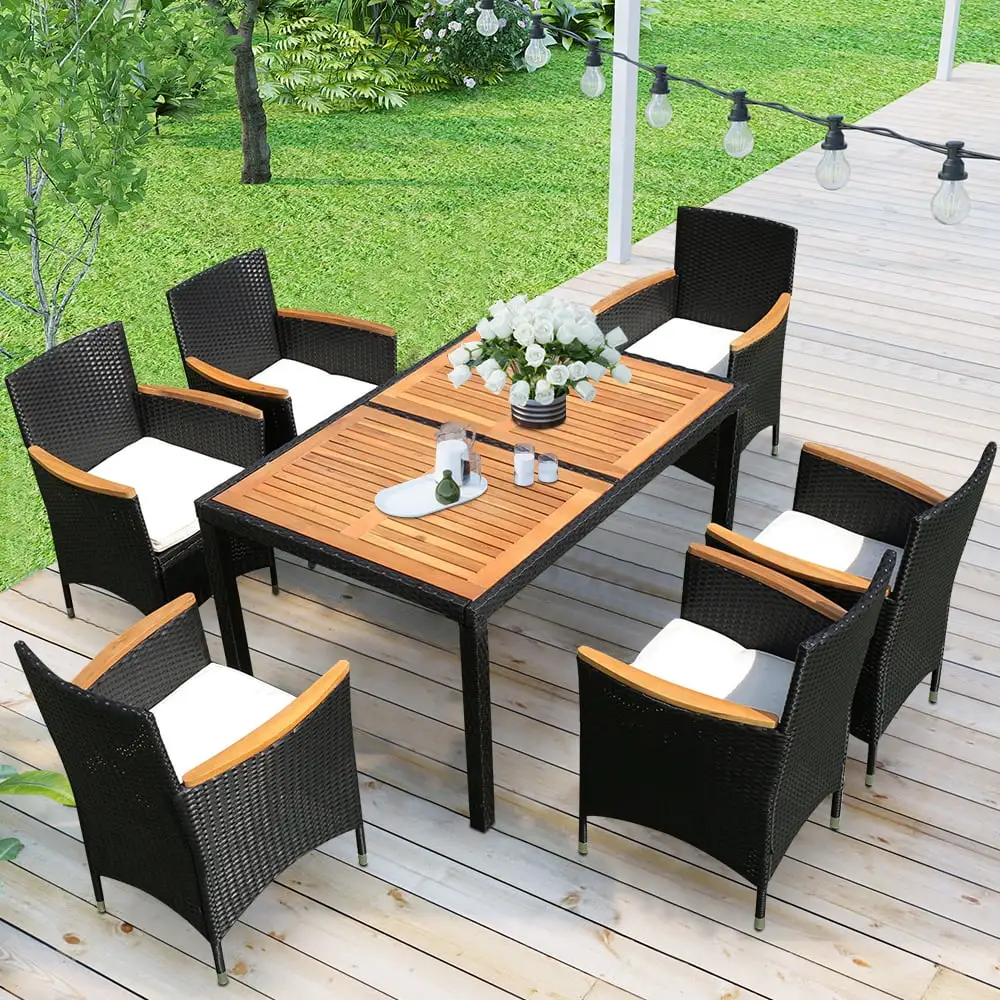 7PCS Outdoor Rattan Table & Chairs Set. Dining Table Set. Garden Backyard Sectional Conversation Set