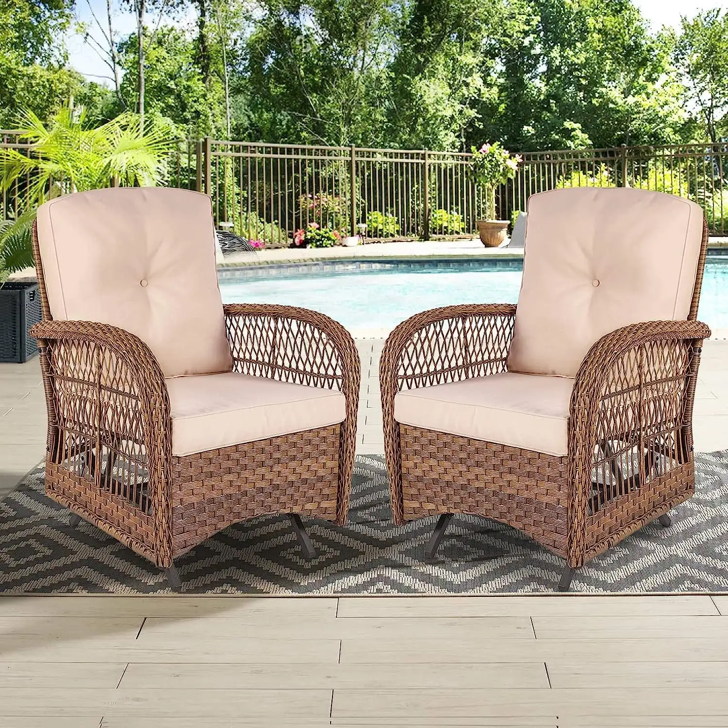 W WARMHOL Outdoor Rattan Swing Glider Chairs. Patio Bistro Set of 2 Chairs with Thickened Cushions. All-Weather Furniture Wicker Conversation Rocking Glider Sets for Patio Balcony & Garden. Porch Lawn