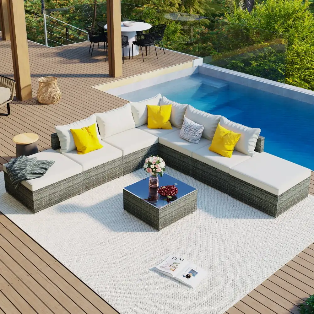 8-Piece Outdoor Furniture Sets for Porch Deck. Patio Wicker Conversation Sets Rattan Sofa Chair with Cushion. Single Sofa Combinable. Beige Cushions Gray Wicker