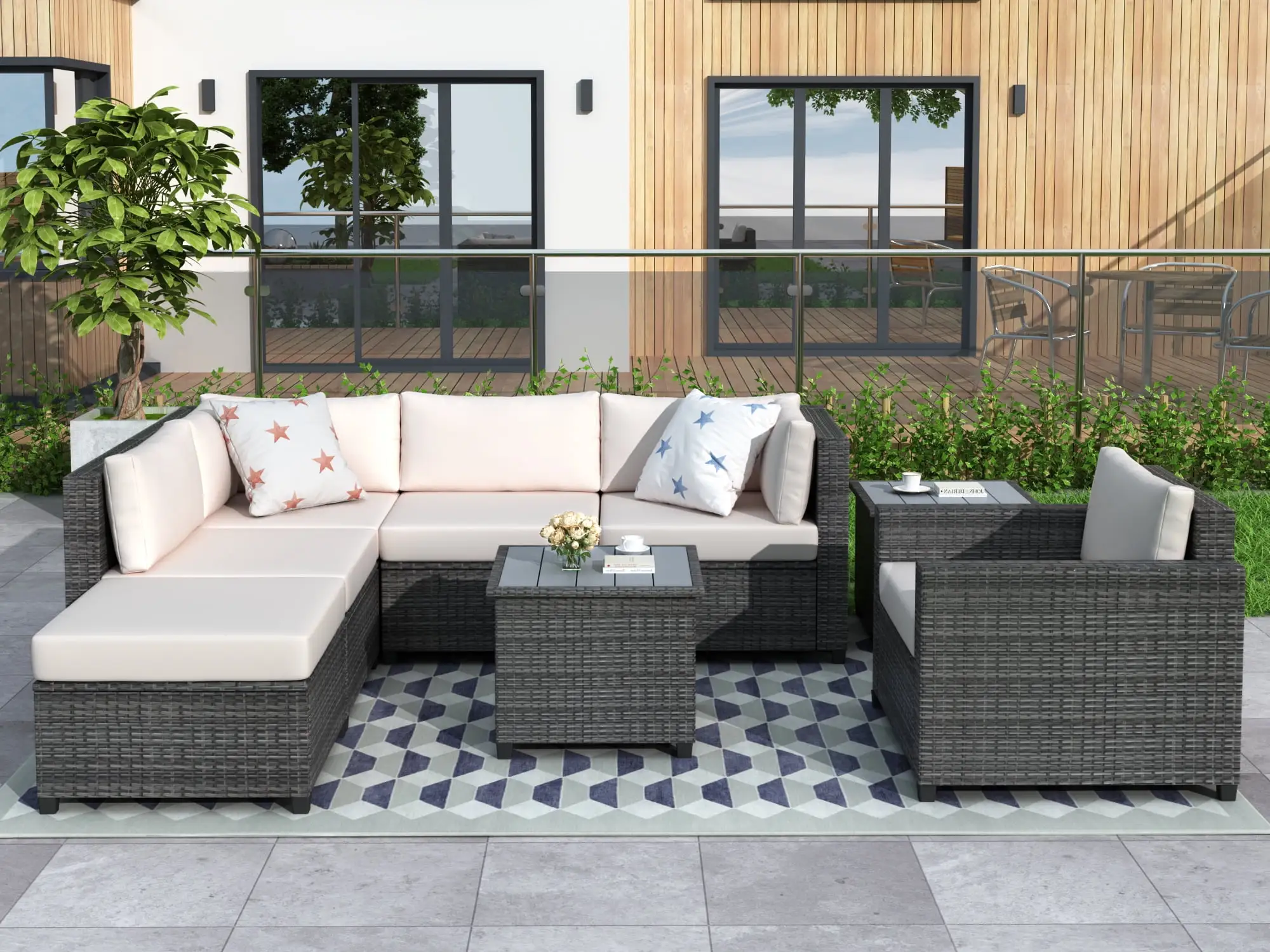 8 Piece Patio Furniture Set with 5 PE Wicker Sofas. Ottoman. 2 Coffee Table. All-Weather Outdoor Conversation Set Sectional Sofa Set with Beige Cushions for Backyard. Porch. Garden. Poolside. L4655