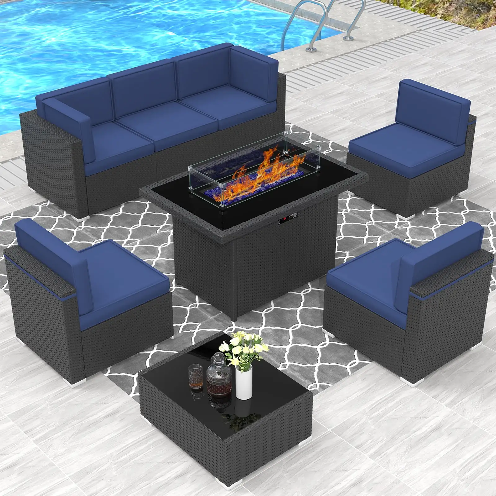 8 Piece Patio Furniture Set with 44 Propane Gas Fire Pit Table. Outdoor Sectional Conversation Set Wicker Rattan Sofa Set with Coffee Table