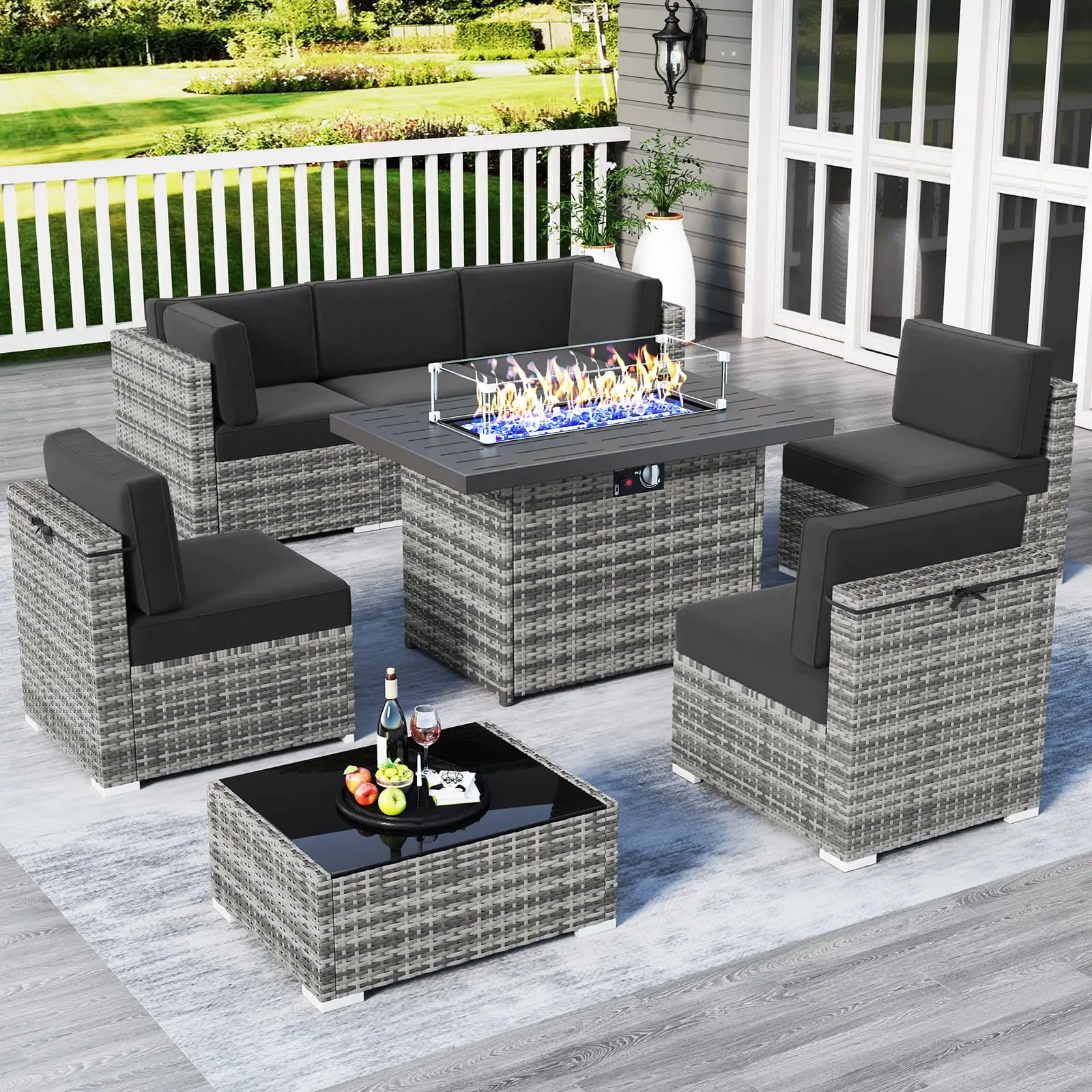 8 Piece Patio Furniture Set with 44 Propane Gas Fire Pit Table. Outdoor Sectional Conversation Set Wicker Rattan Sofa Set with Coffee Table